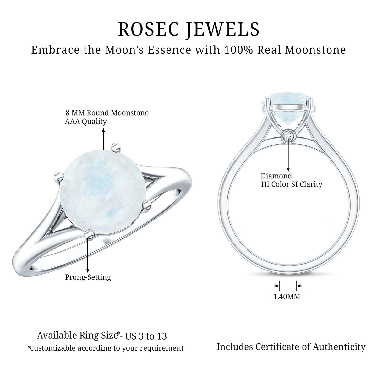 0.8 Carat Natural Moonstone Solitaire Ring with Surprise Diamond AAA - Rosec Jewels