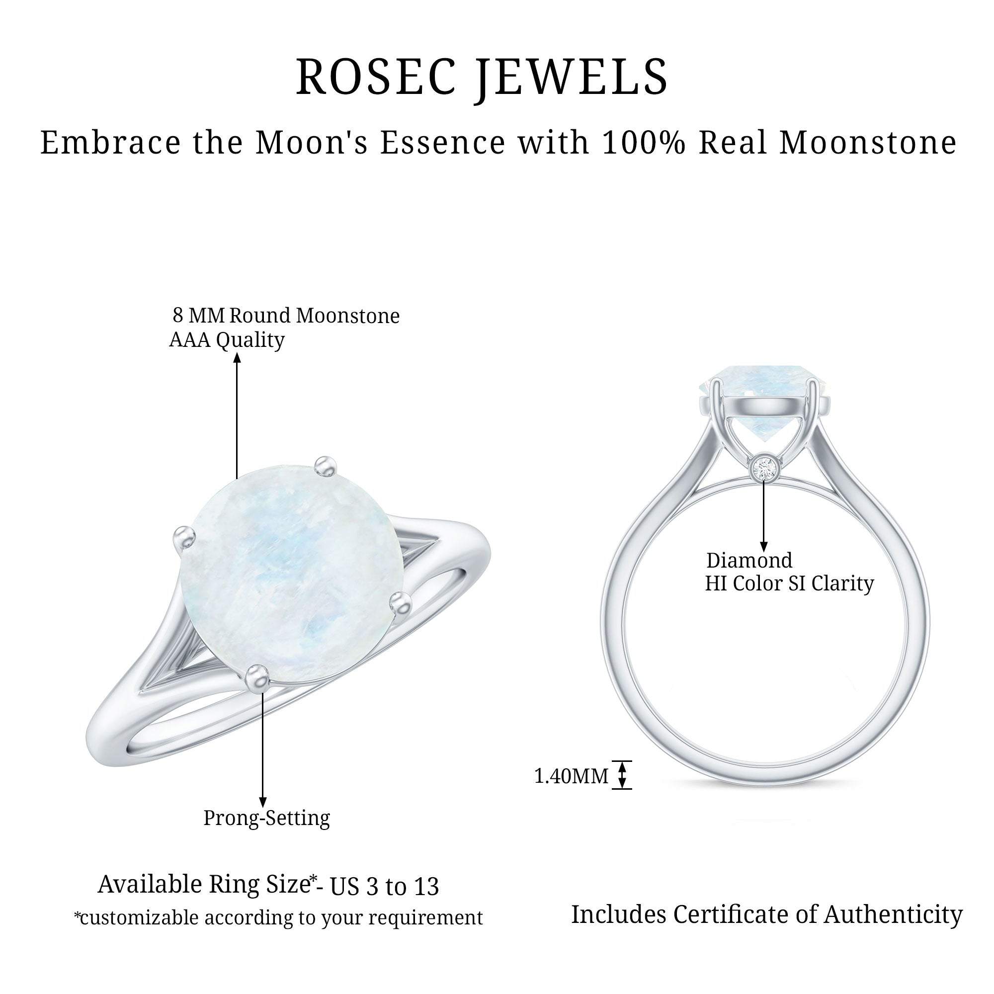 Rosec Jewels-1 CT Natural Moonstone Solitaire Ring with Surprise Diamond