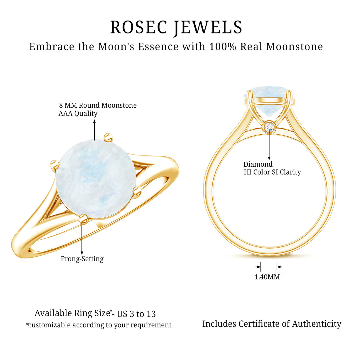 0.8 Carat Natural Moonstone Solitaire Ring with Surprise Diamond AAA - Rosec Jewels