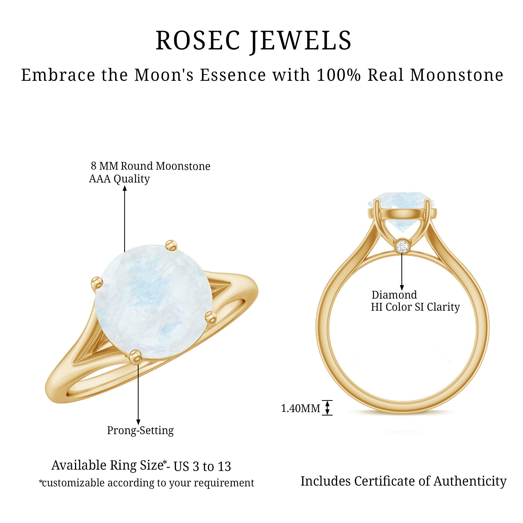 Rosec Jewels-1 CT Natural Moonstone Solitaire Ring with Surprise Diamond