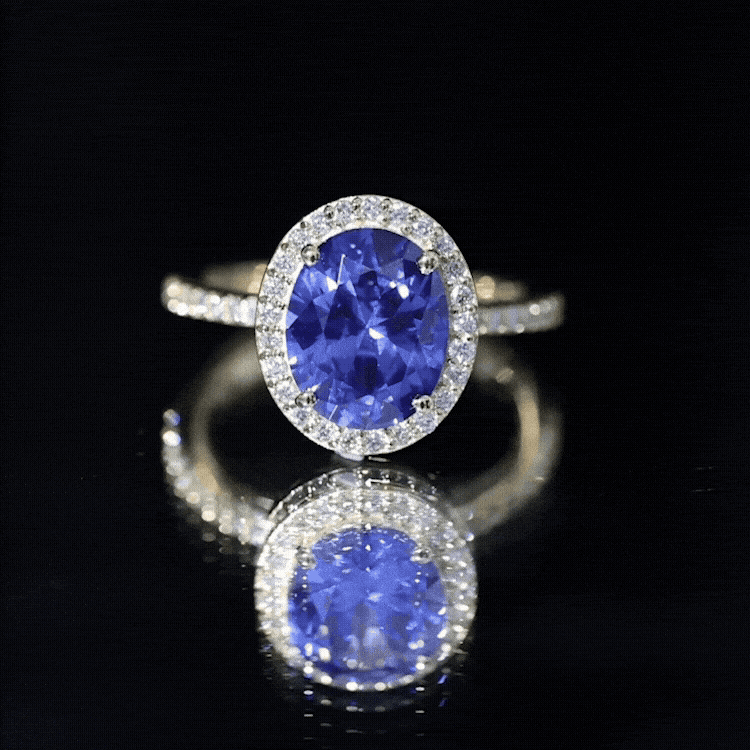 4 Carat Lab Grown Blue Sapphire Oval Engagement Ring with Diamond Halo AAAA - Rosec Jewels
