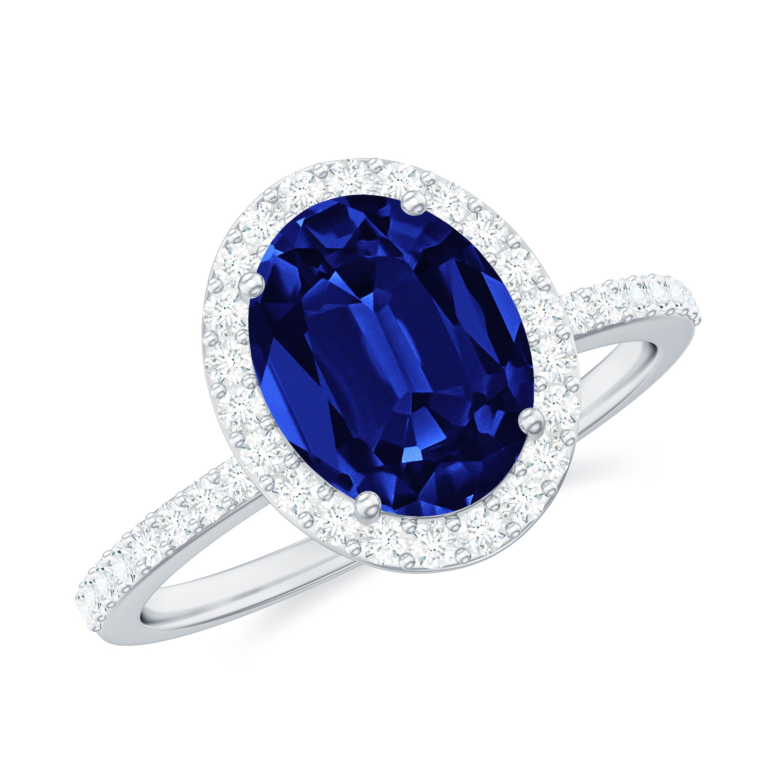 4 Carat Lab Grown Blue Sapphire Oval Engagement Ring with Diamond Halo
