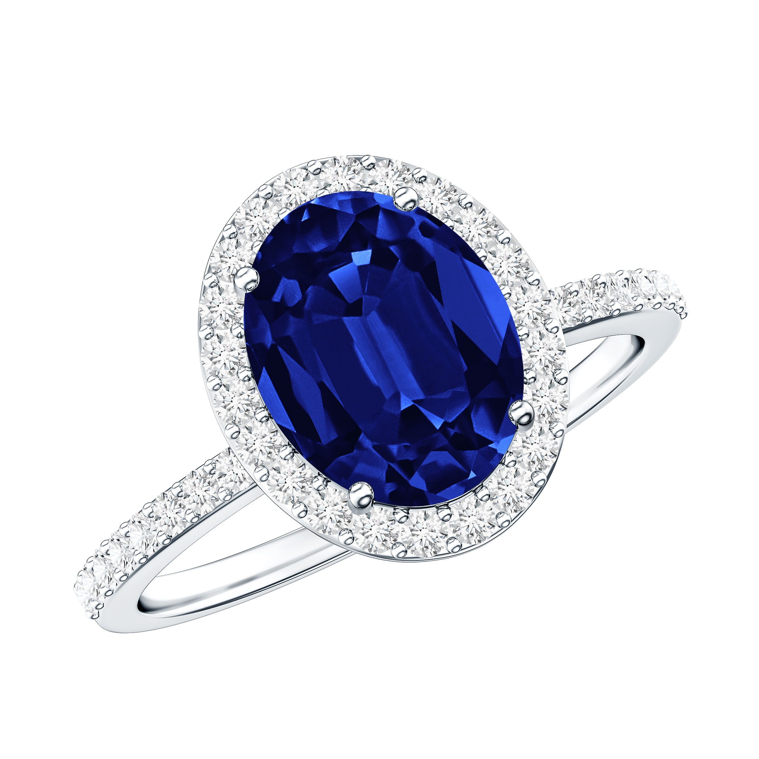 4 Carat Lab Grown Blue Sapphire Oval Engagement Ring with Diamond Halo AAAA - Rosec Jewels