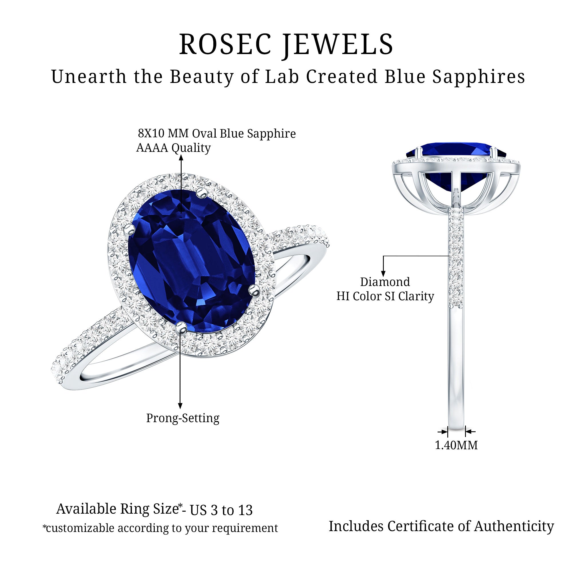 4 Carat Lab Grown Blue Sapphire Oval Engagement Ring with Diamond Halo AAAA - Rosec Jewels