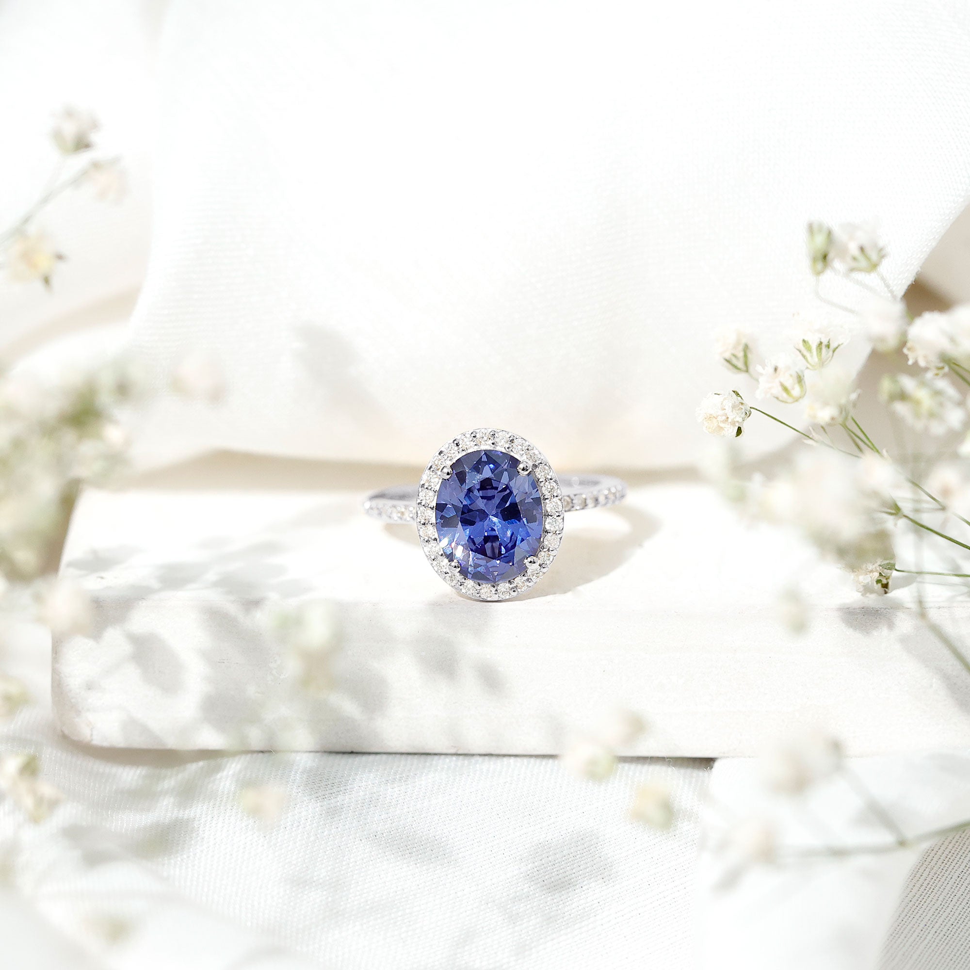 4 Carat Lab Grown Blue Sapphire Oval Engagement Ring with Diamond Halo AAAA - Rosec Jewels