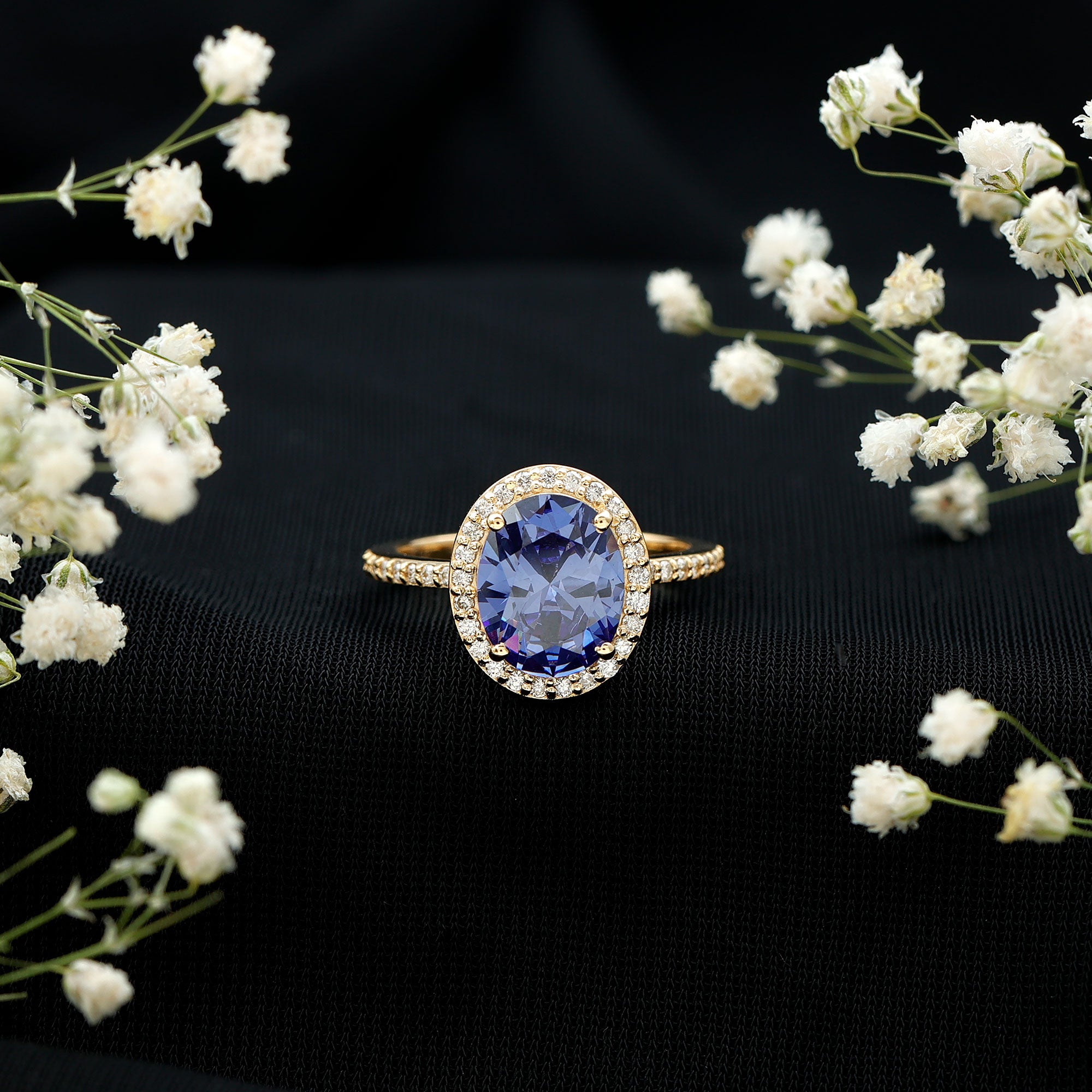4 Carat Lab Grown Blue Sapphire Oval Engagement Ring with Diamond Halo AAAA - Rosec Jewels