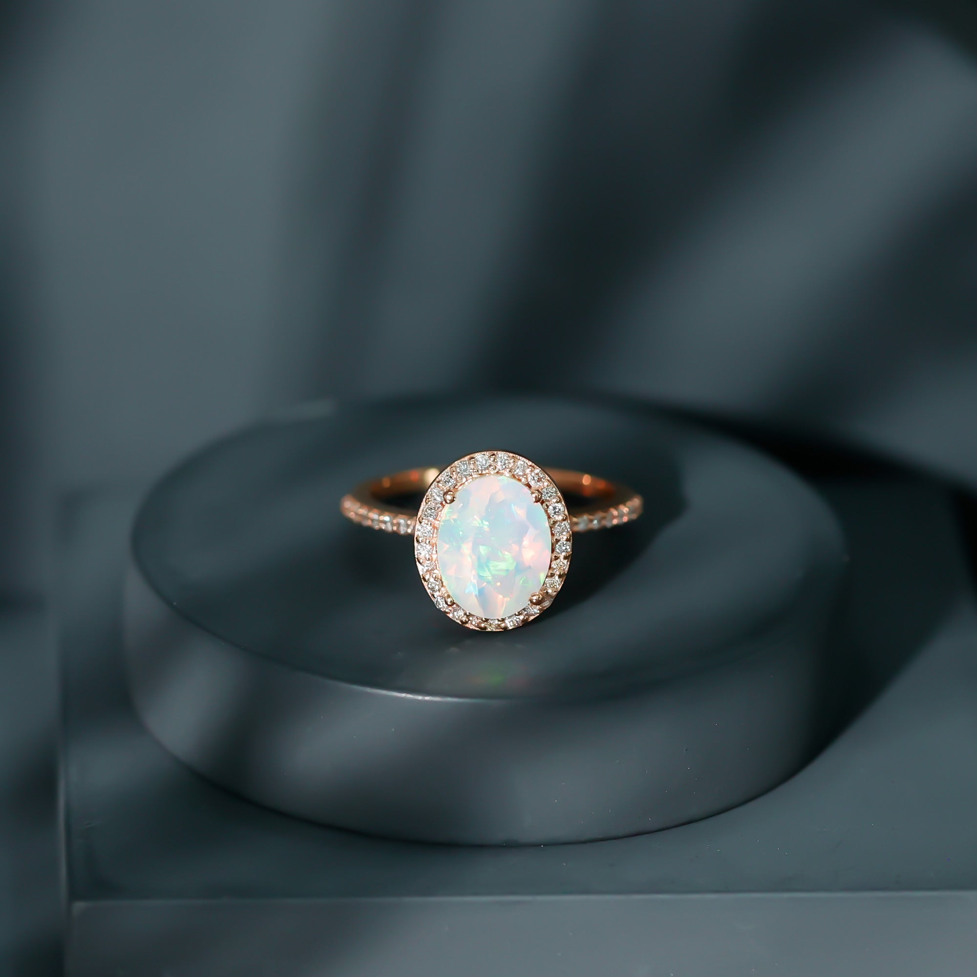 Certified Real 8X10 mm Ethiopian Opal Engagement Ring with Diamond Halo AAA - Rosec Jewels