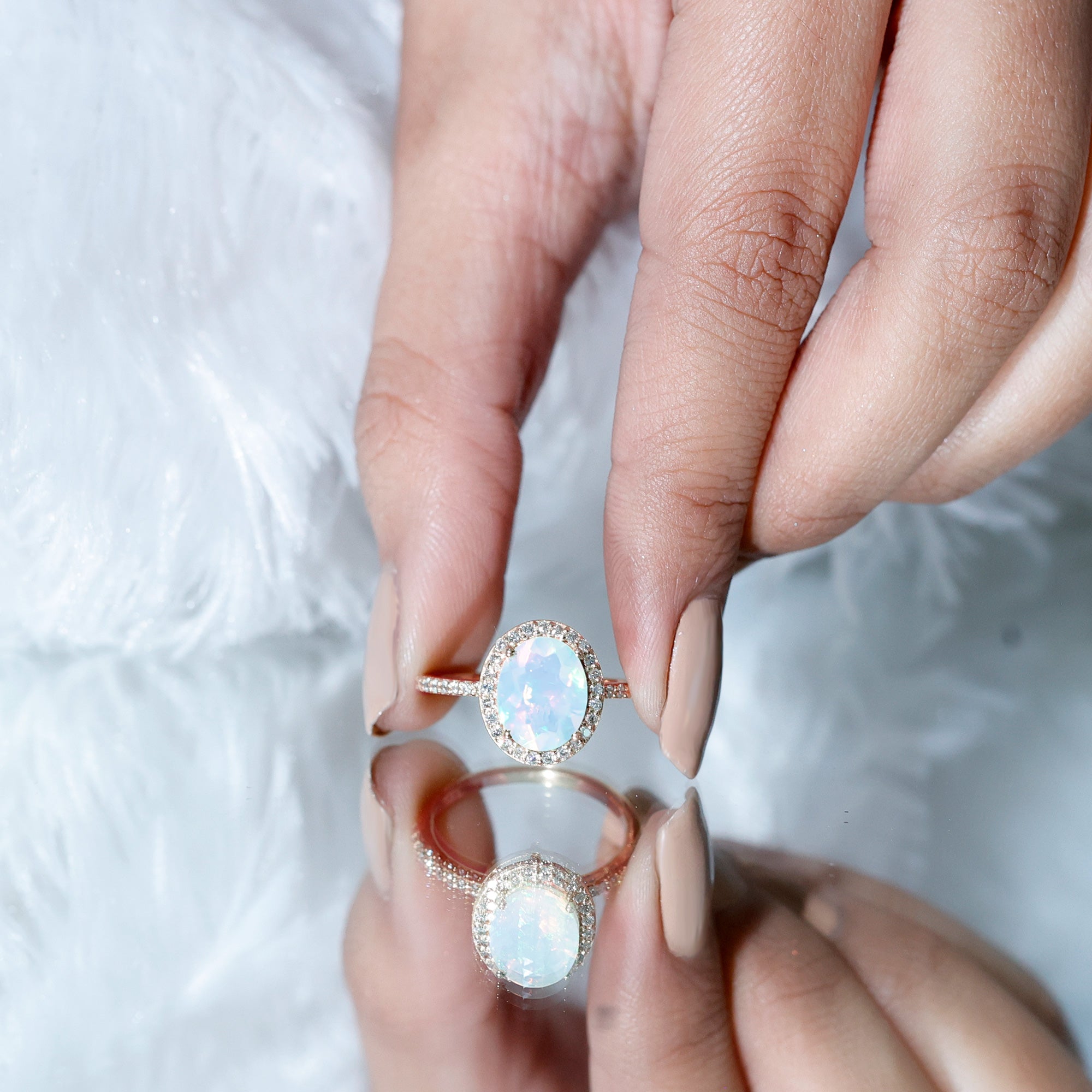Certified Real 8X10 mm Ethiopian Opal Engagement Ring with Diamond Halo AAA - Rosec Jewels