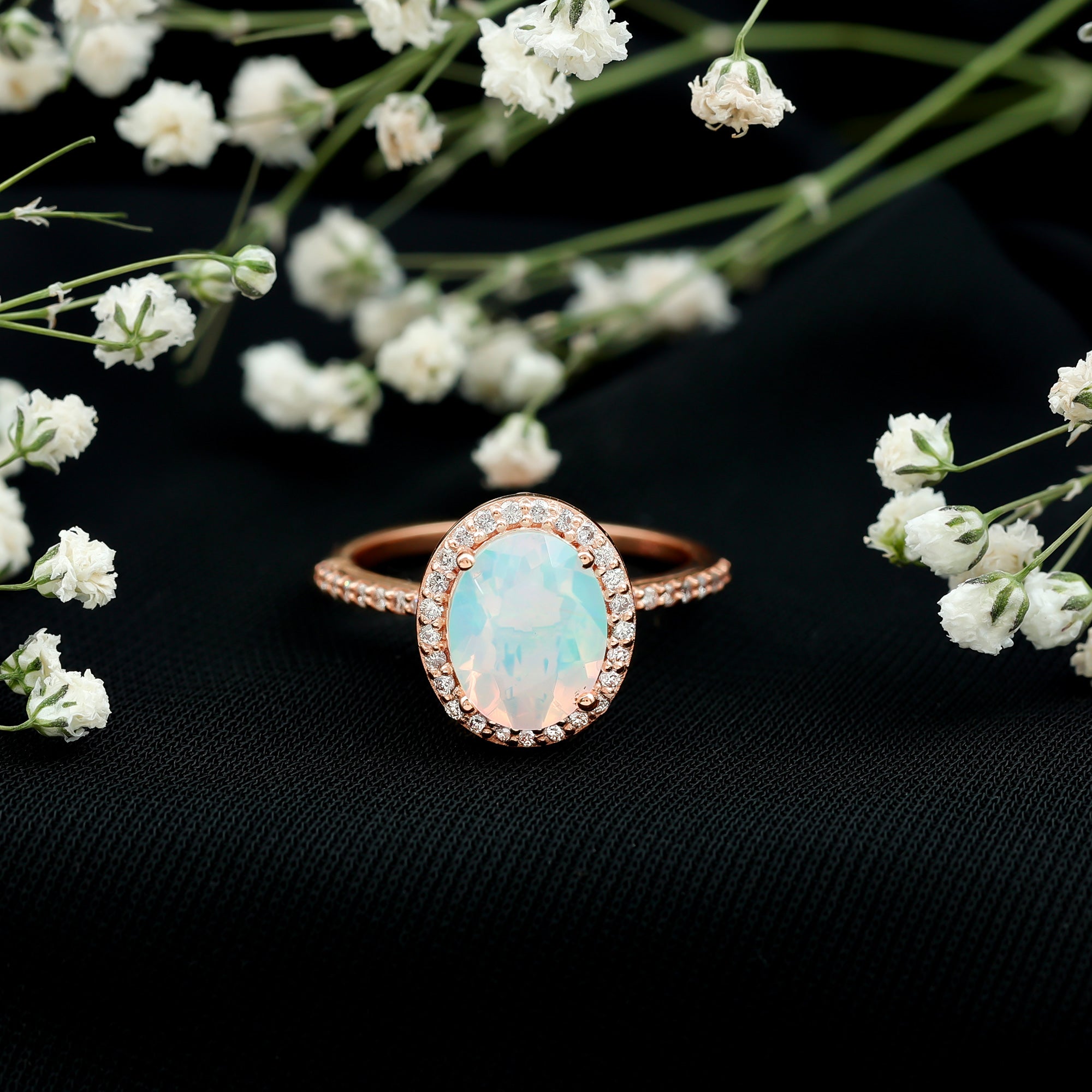 Certified Real 8X10 mm Ethiopian Opal Engagement Ring with Diamond Halo AAA - Rosec Jewels