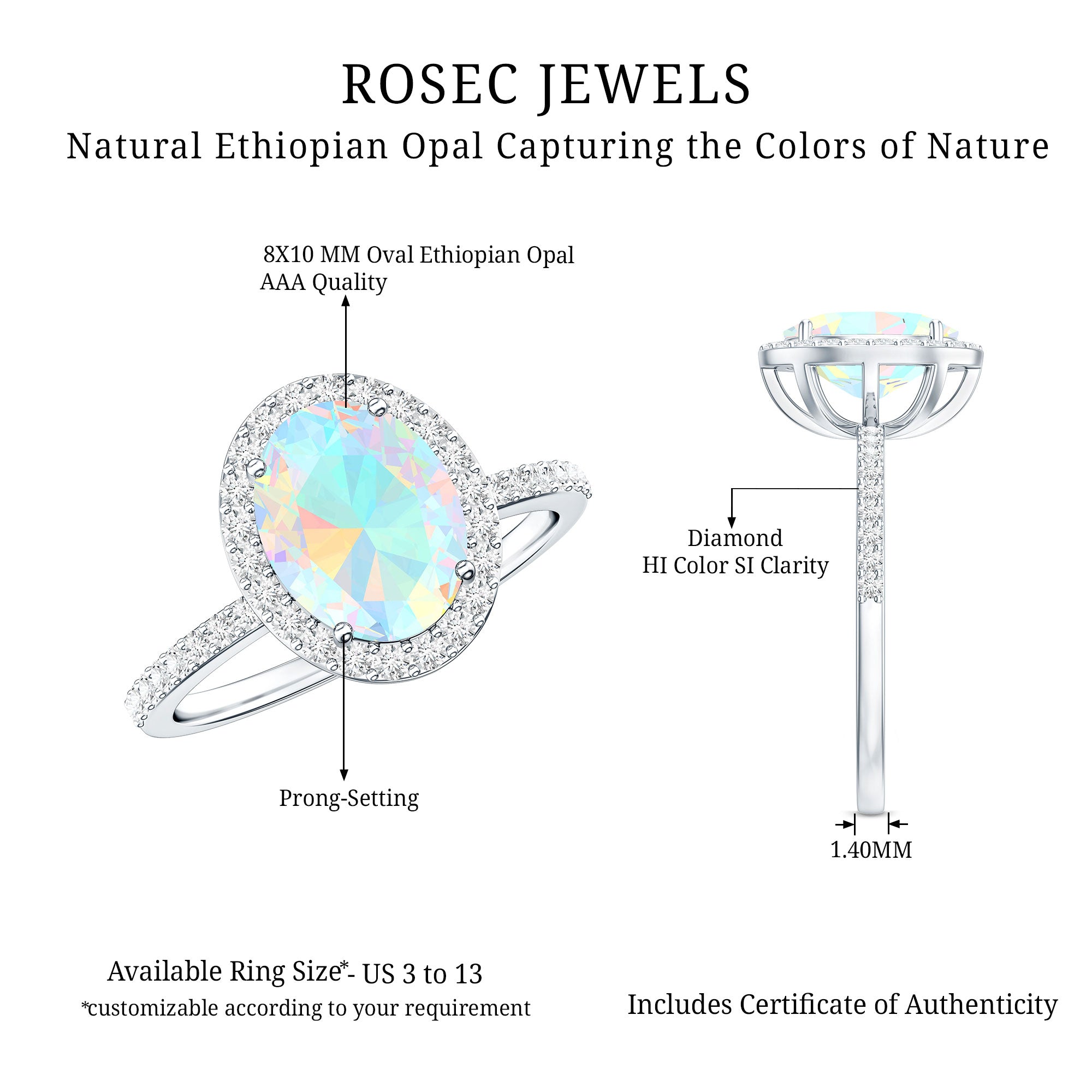 Certified Real 8X10 mm Ethiopian Opal Engagement Ring with Diamond Halo AAA - Rosec Jewels
