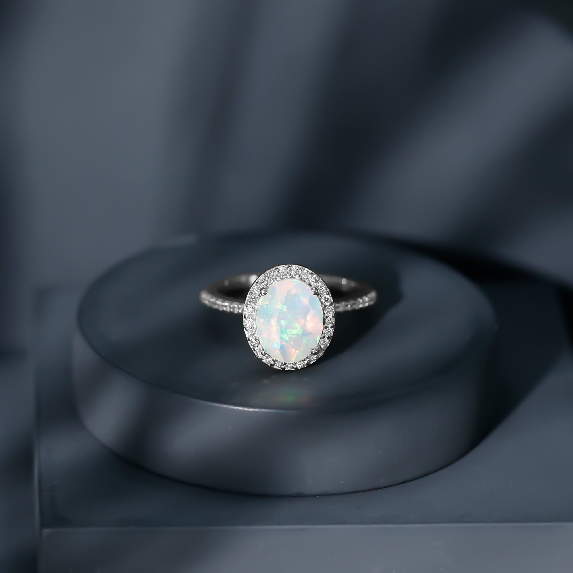 Certified Real 8X10 mm Ethiopian Opal Engagement Ring with Diamond Halo AAA - Rosec Jewels