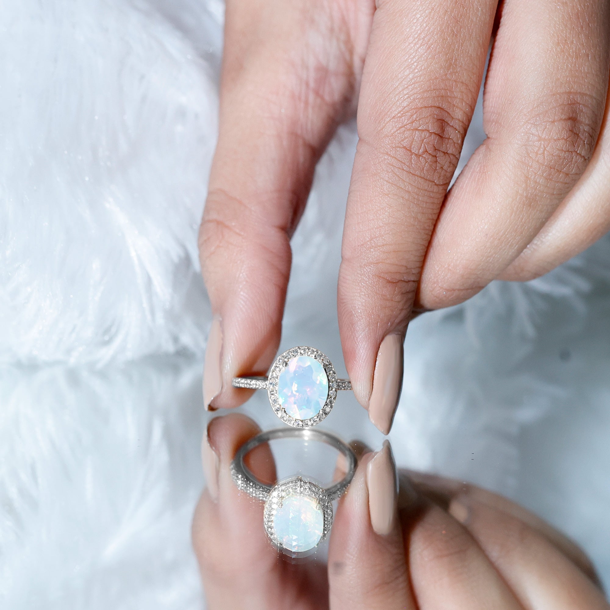 Certified Real 8X10 mm Ethiopian Opal Engagement Ring with Diamond Halo AAA - Rosec Jewels