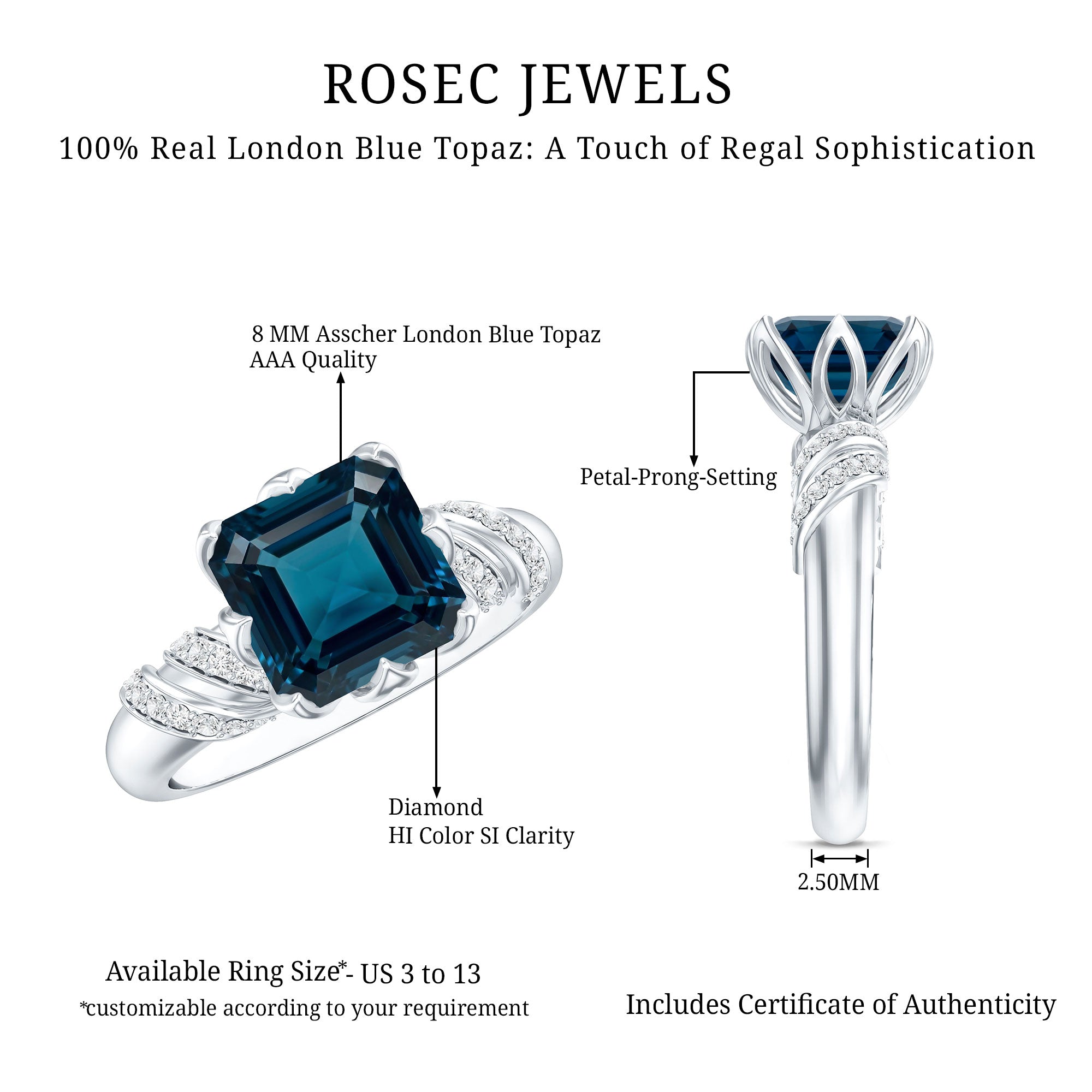 8mm Asscher Cut London Blue Topaz Designer Solitaire Engagement Ring AAA - Rosec Jewels