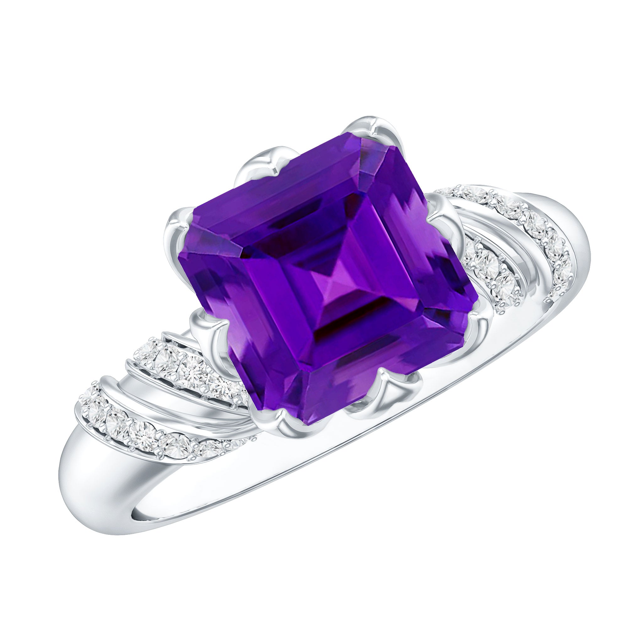 Vintage Looking 3 Carat Amethyst Asscher Cut Engagement Ring with Diamond AAA - Rosec Jewels