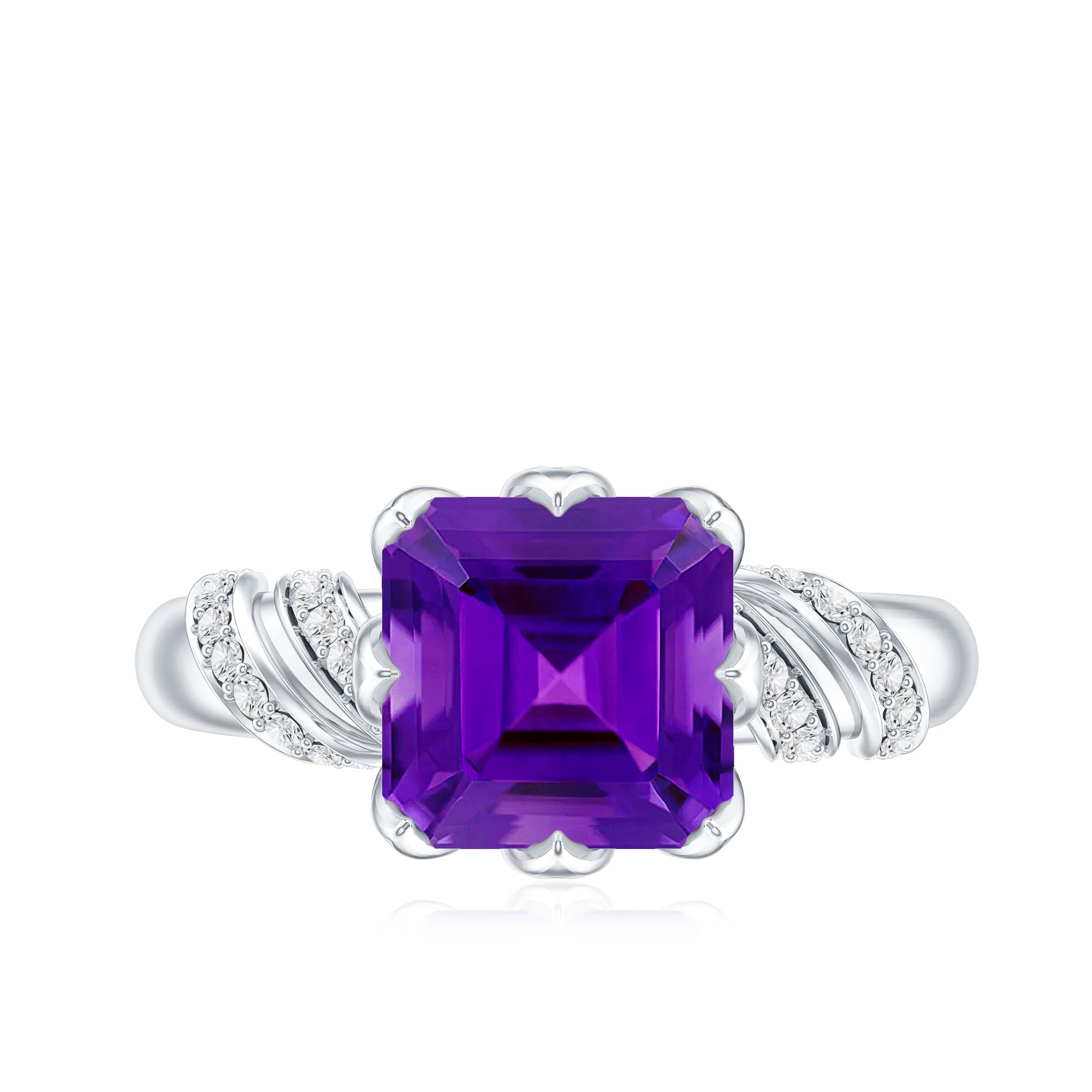 Vintage Looking 3 Carat Amethyst Asscher Cut Engagement Ring with Diamond AAA - Rosec Jewels