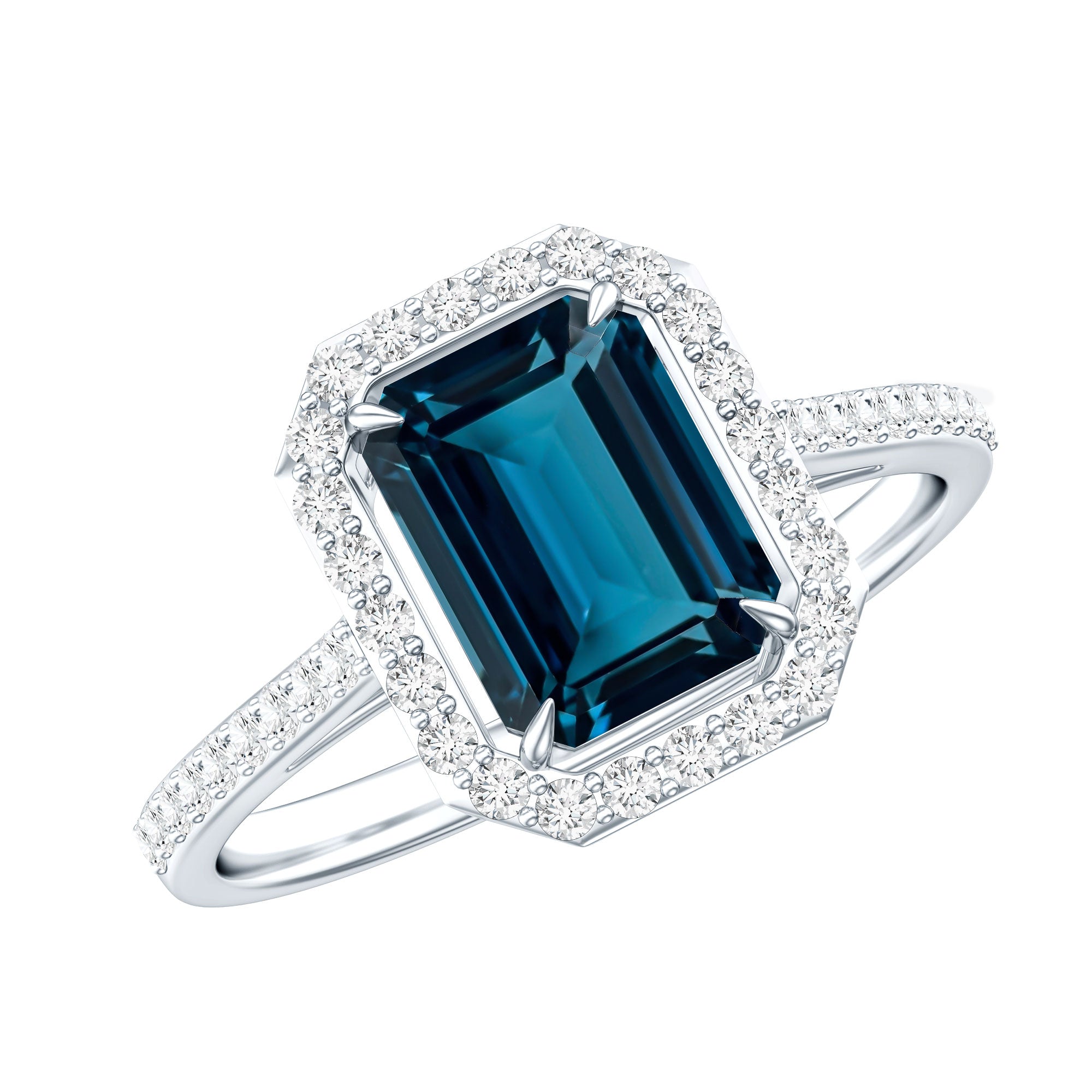 Emerald Cut London Blue Topaz Engagement Ring with Diamond Halo AAA - Rosec Jewels