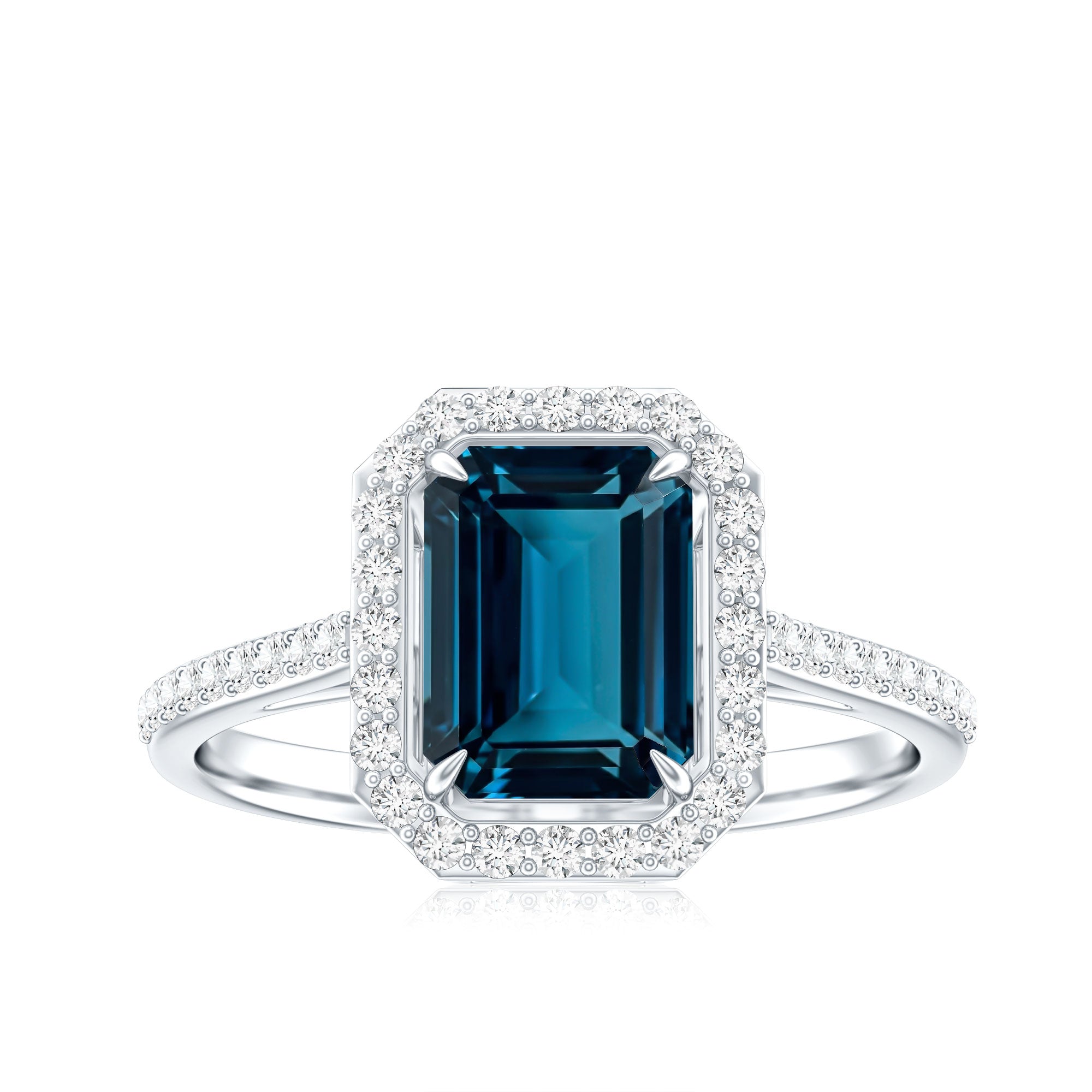 Emerald Cut London Blue Topaz Engagement Ring with Diamond Halo AAA - Rosec Jewels