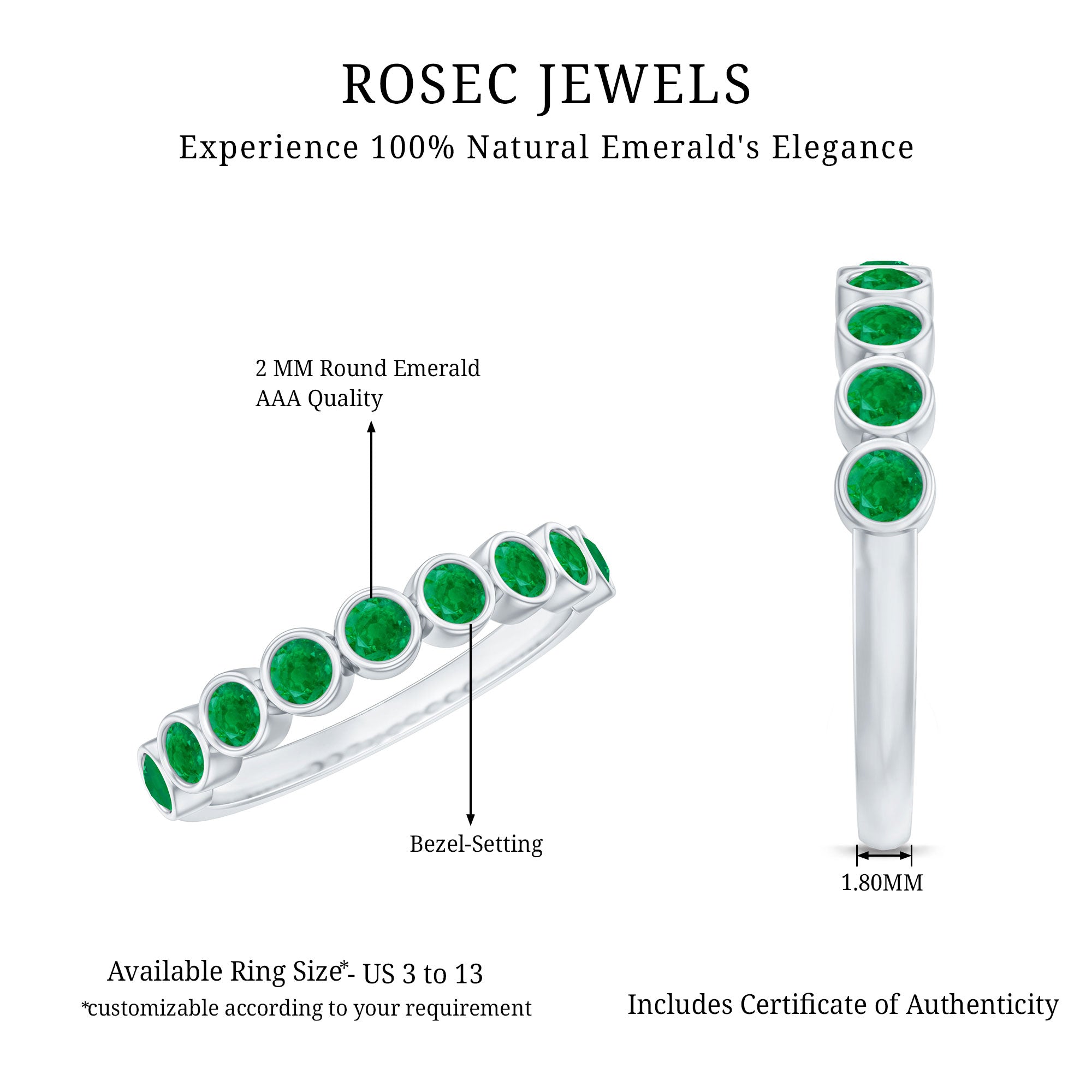 Natural Emerald Half Eternity Ring in Bezel Set AAA - Rosec Jewels