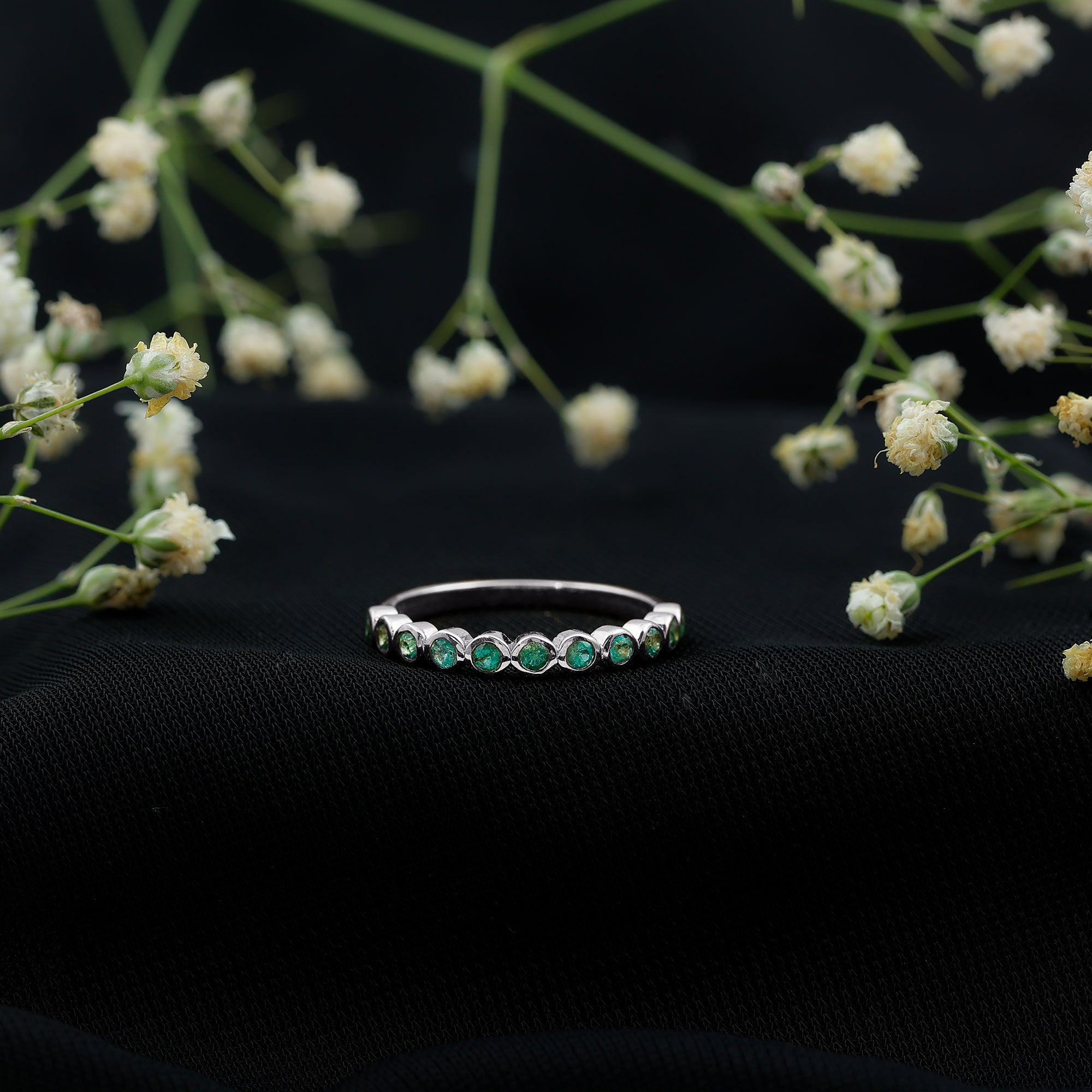 Natural Emerald Half Eternity Ring in Bezel Set AAA - Rosec Jewels