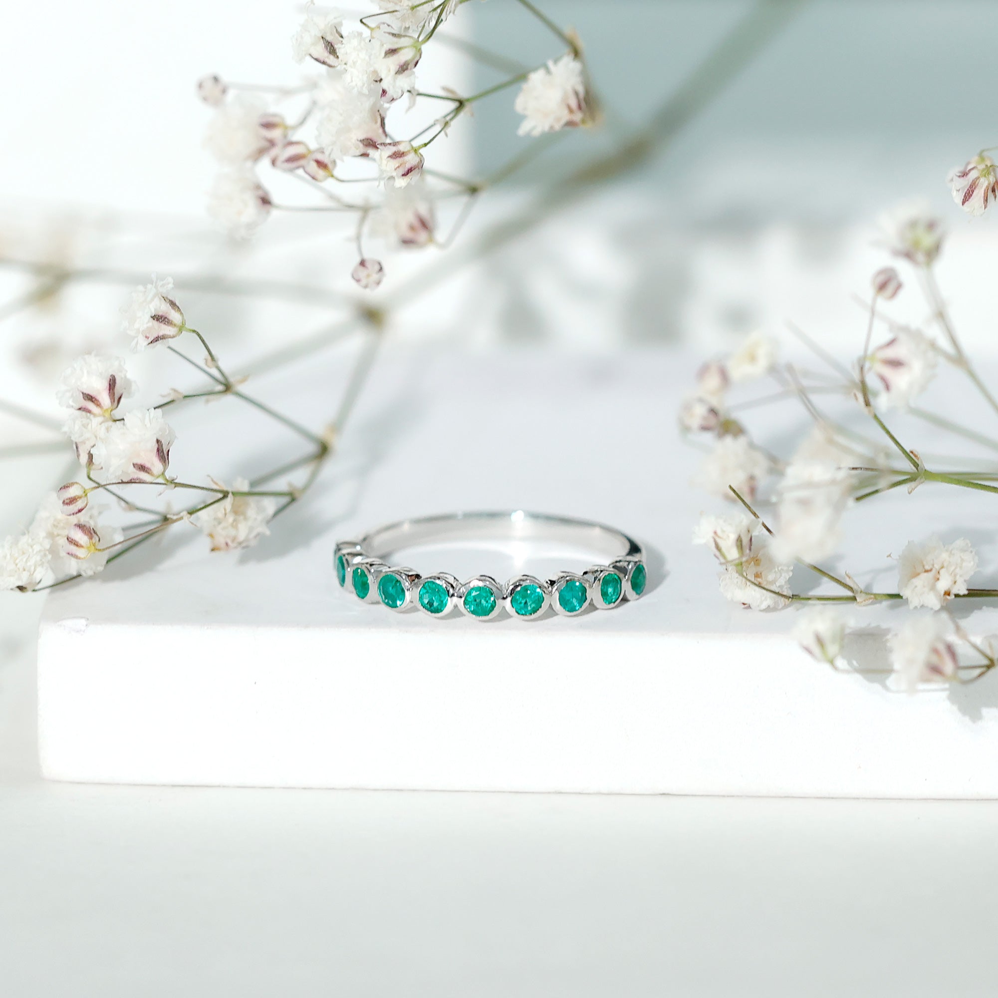 Natural Emerald Half Eternity Ring in Bezel Set AAA - Rosec Jewels