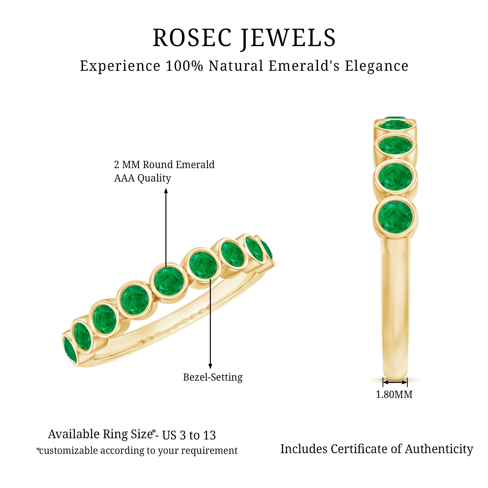 Natural Emerald Half Eternity Ring in Bezel Set AAA - Rosec Jewels