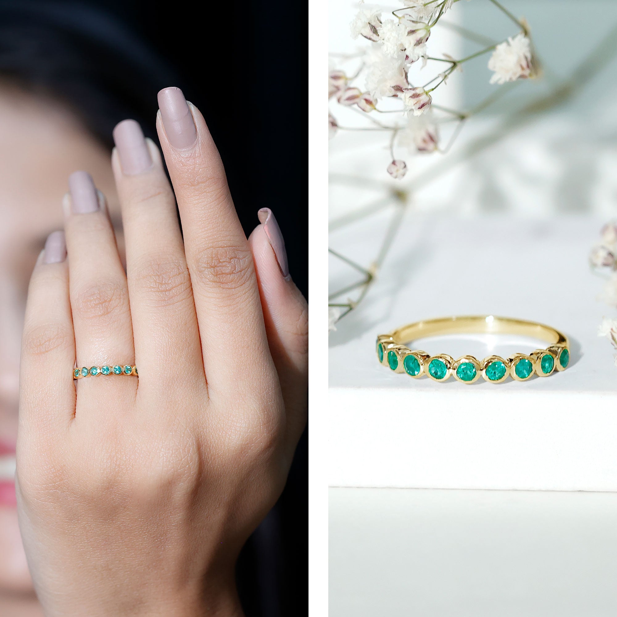 Natural Emerald Half Eternity Ring in Bezel Set AAA - Rosec Jewels