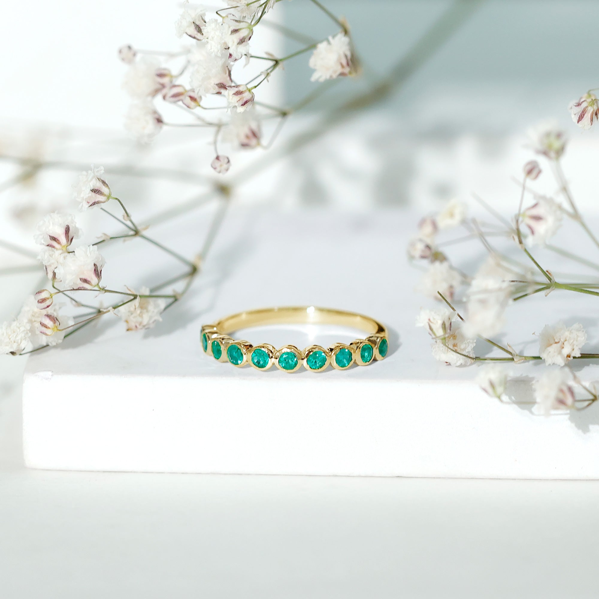 Natural Emerald Half Eternity Ring in Bezel Set AAA - Rosec Jewels