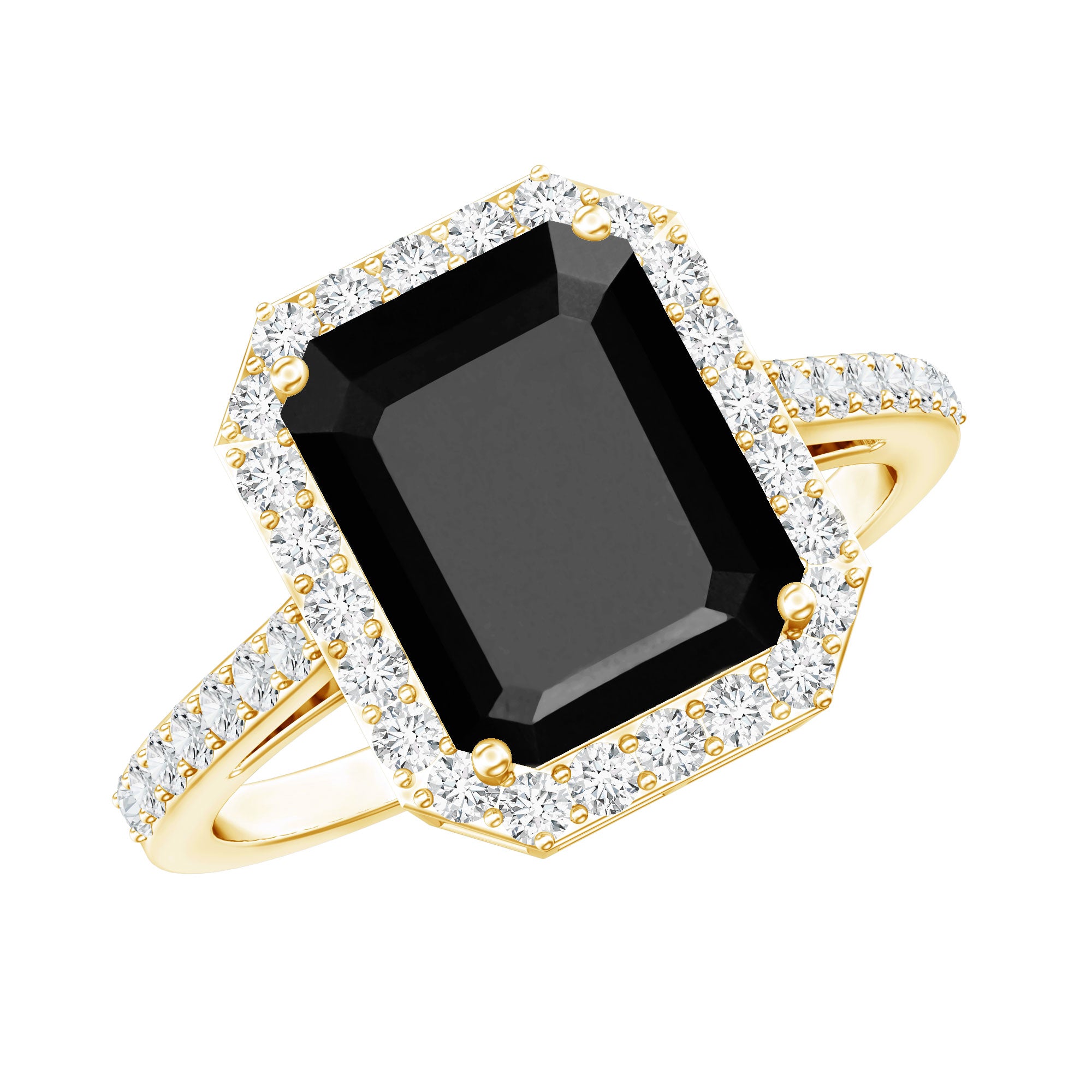 3.4 Carat Lab Grown Black Diamond Emerald Cut Engagement Ring with White Diamond Halo AAAA ( Synthetic ) - Rosec Jewels