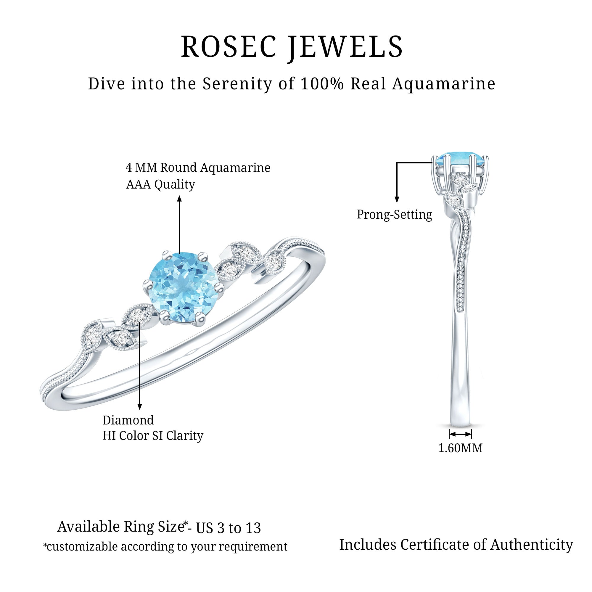 Round Aquamarine Diamond Nature Inspired Promise Ring AAA - Rosec Jewels