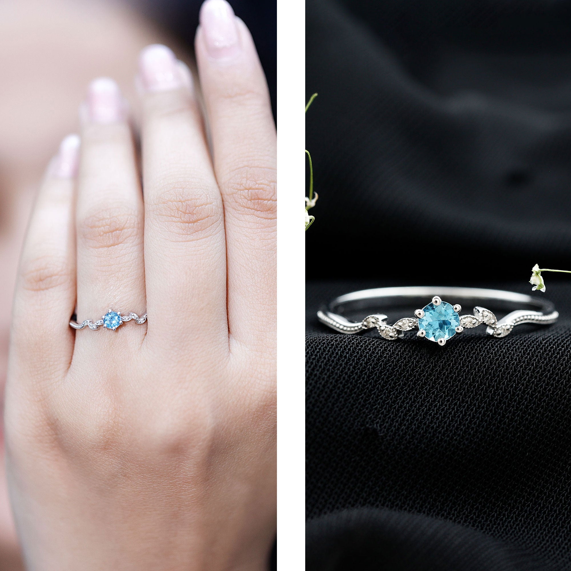 Round Aquamarine Diamond Nature Inspired Promise Ring AAA - Rosec Jewels