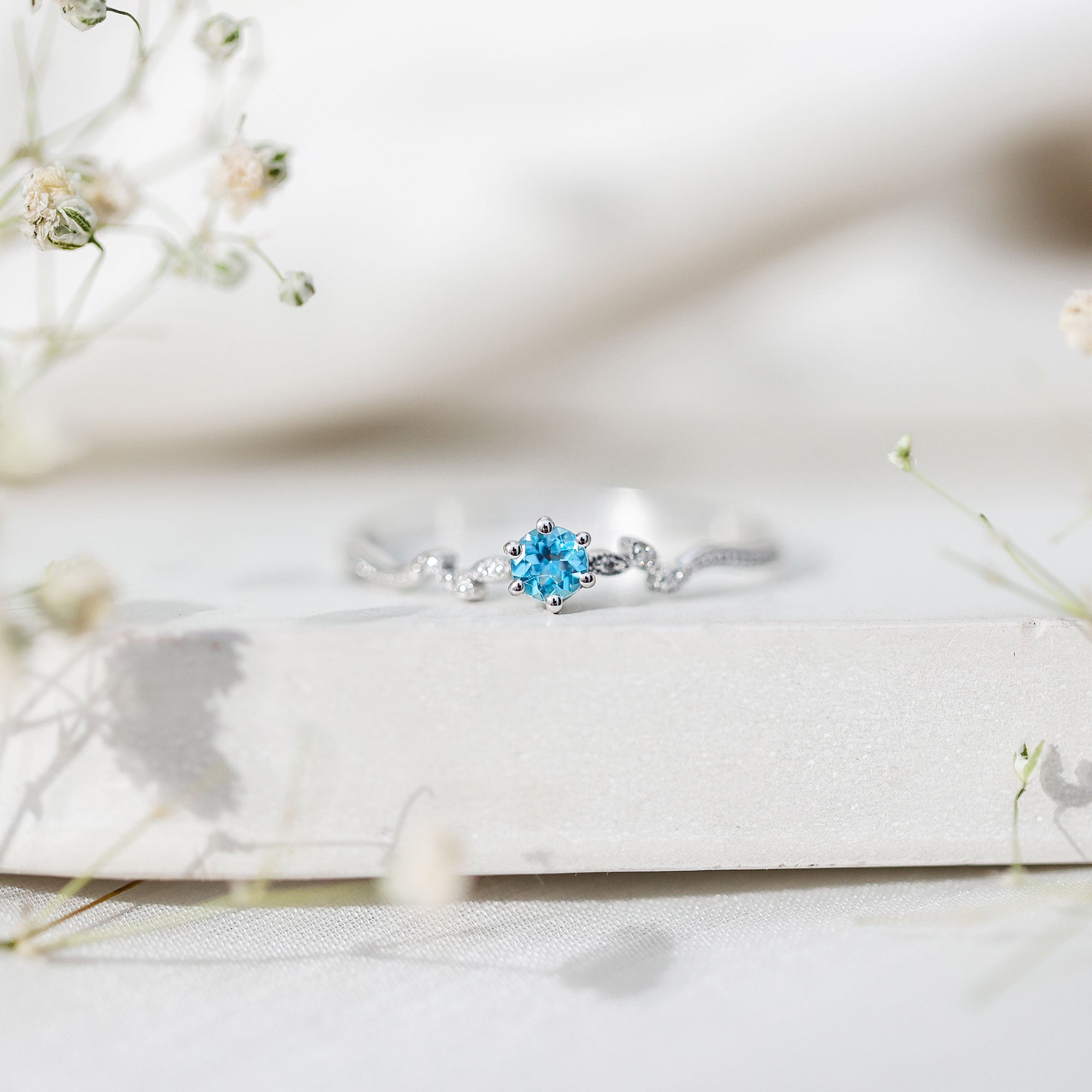 Round Aquamarine Diamond Nature Inspired Promise Ring AAA - Rosec Jewels