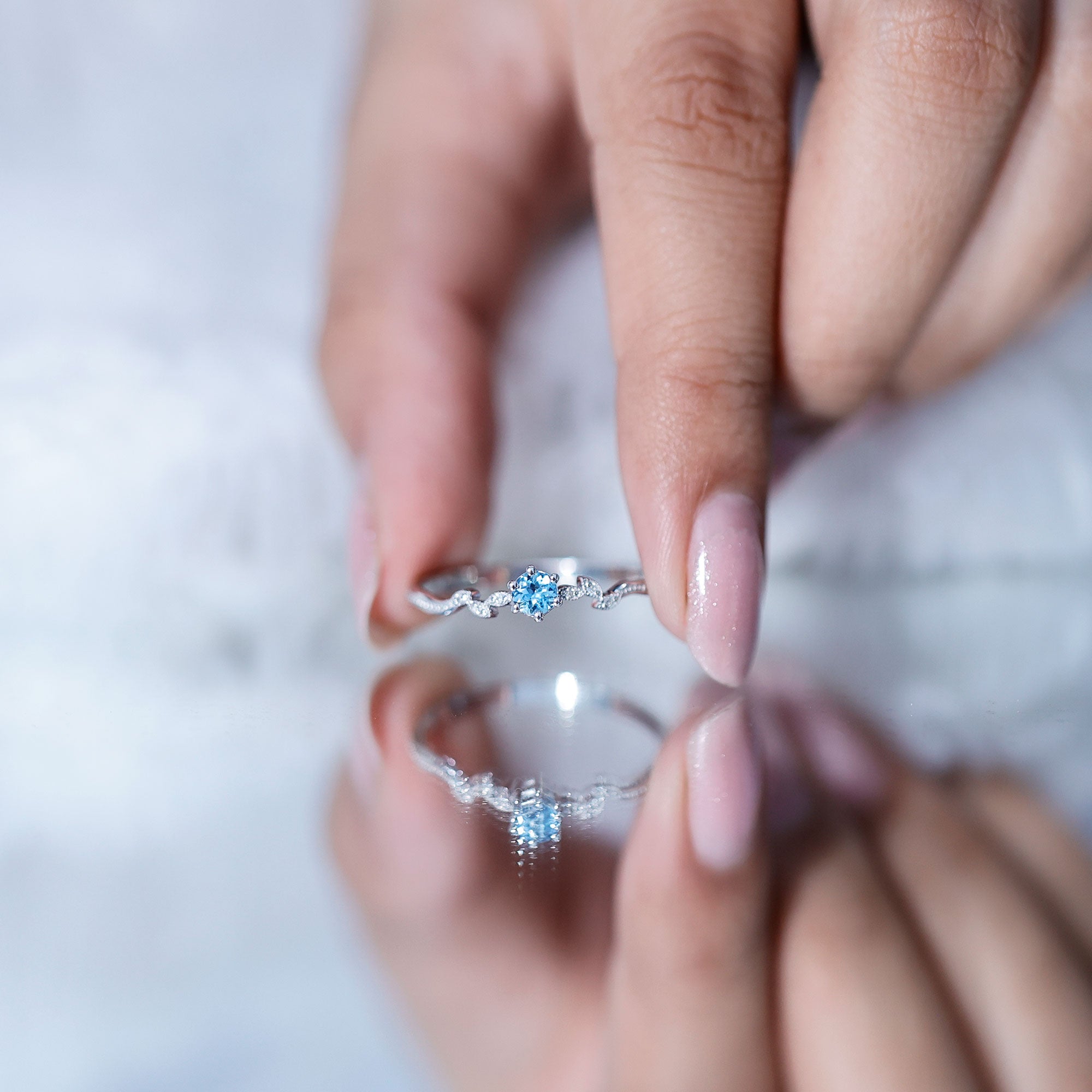 Round Aquamarine Diamond Nature Inspired Promise Ring AAA - Rosec Jewels