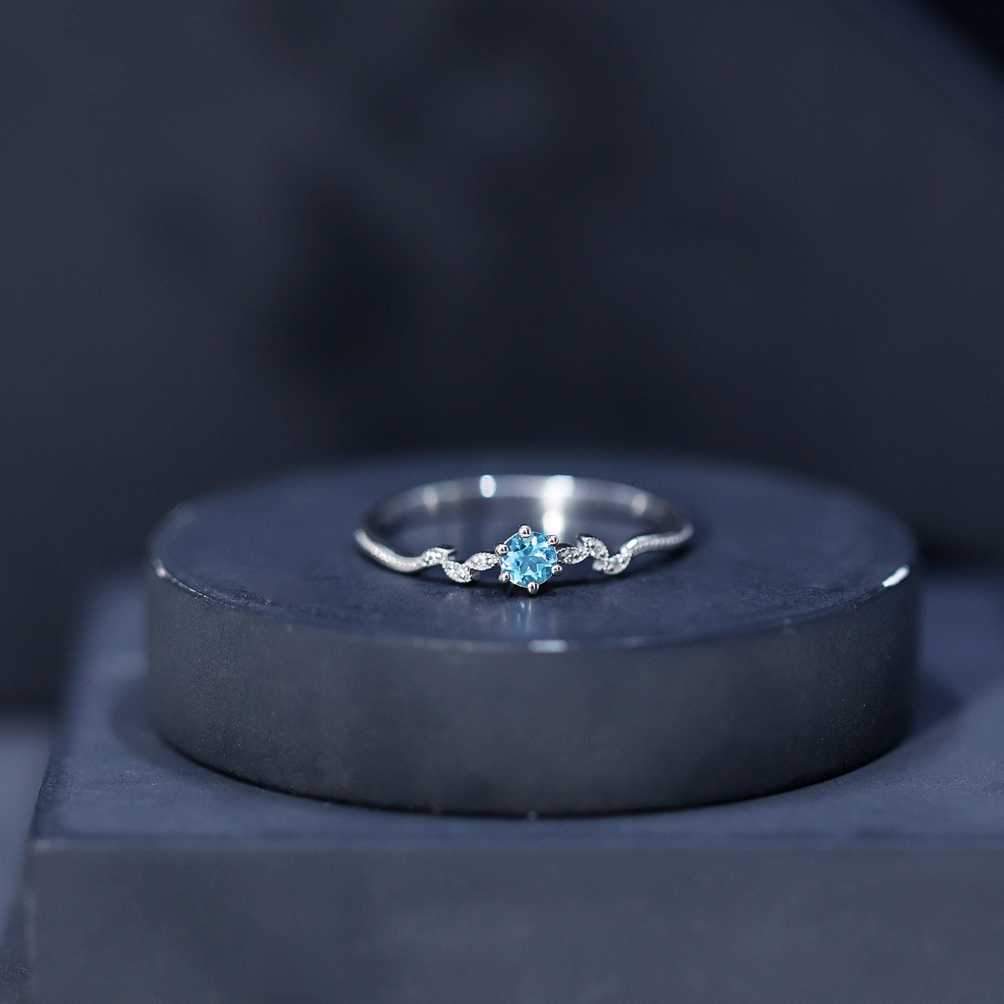 Round Aquamarine Diamond Nature Inspired Promise Ring AAA - Rosec Jewels