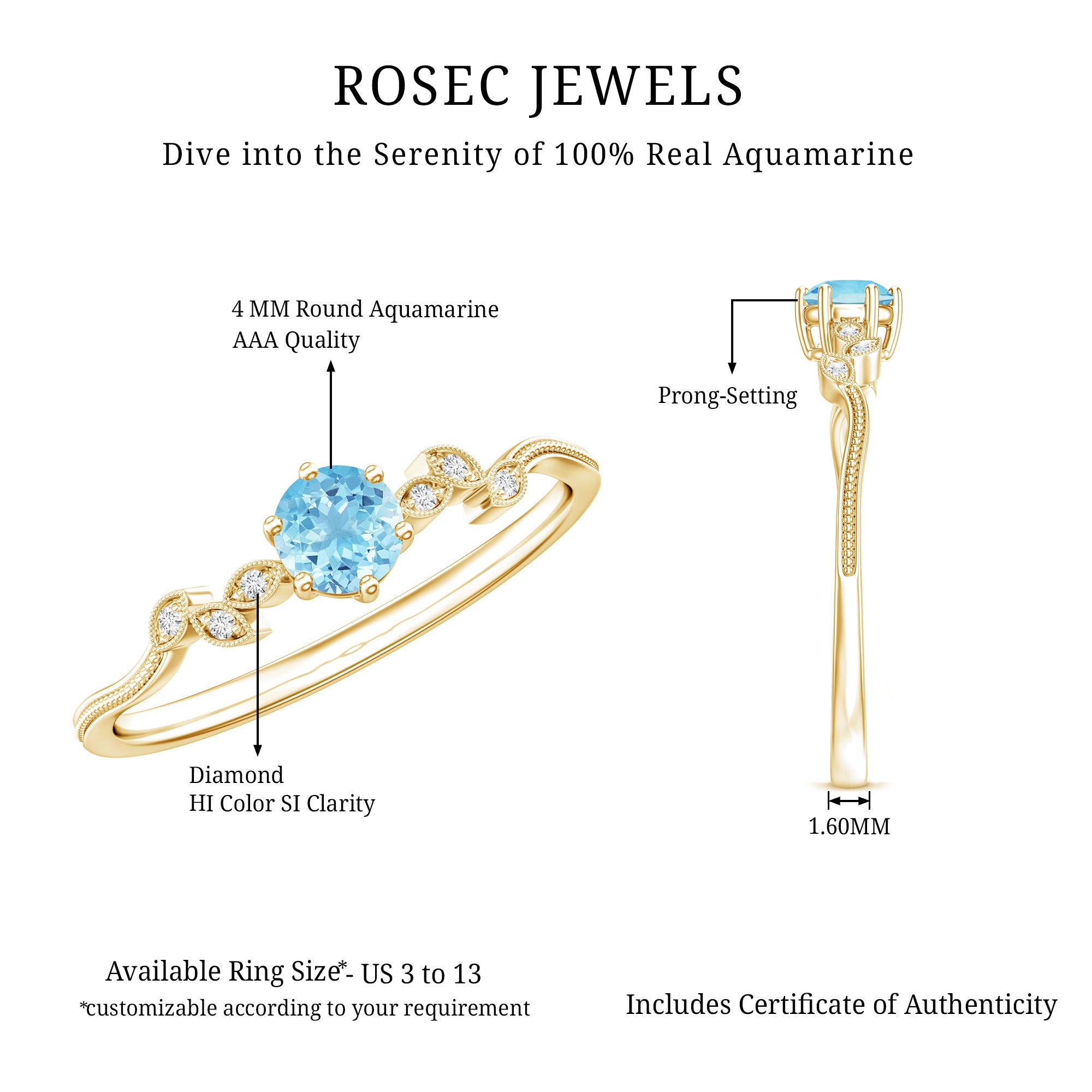 Round Aquamarine Diamond Nature Inspired Promise Ring AAA - Rosec Jewels