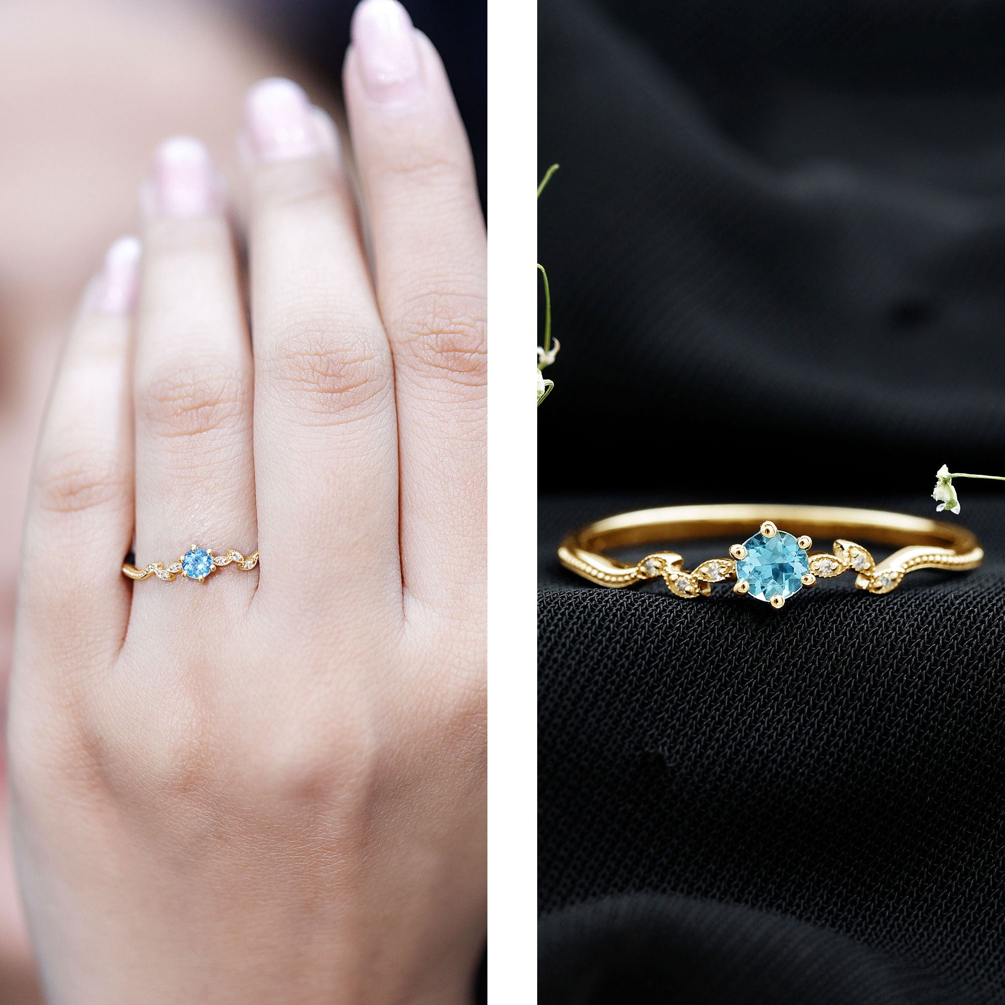 Round Aquamarine Diamond Nature Inspired Promise Ring AAA - Rosec Jewels