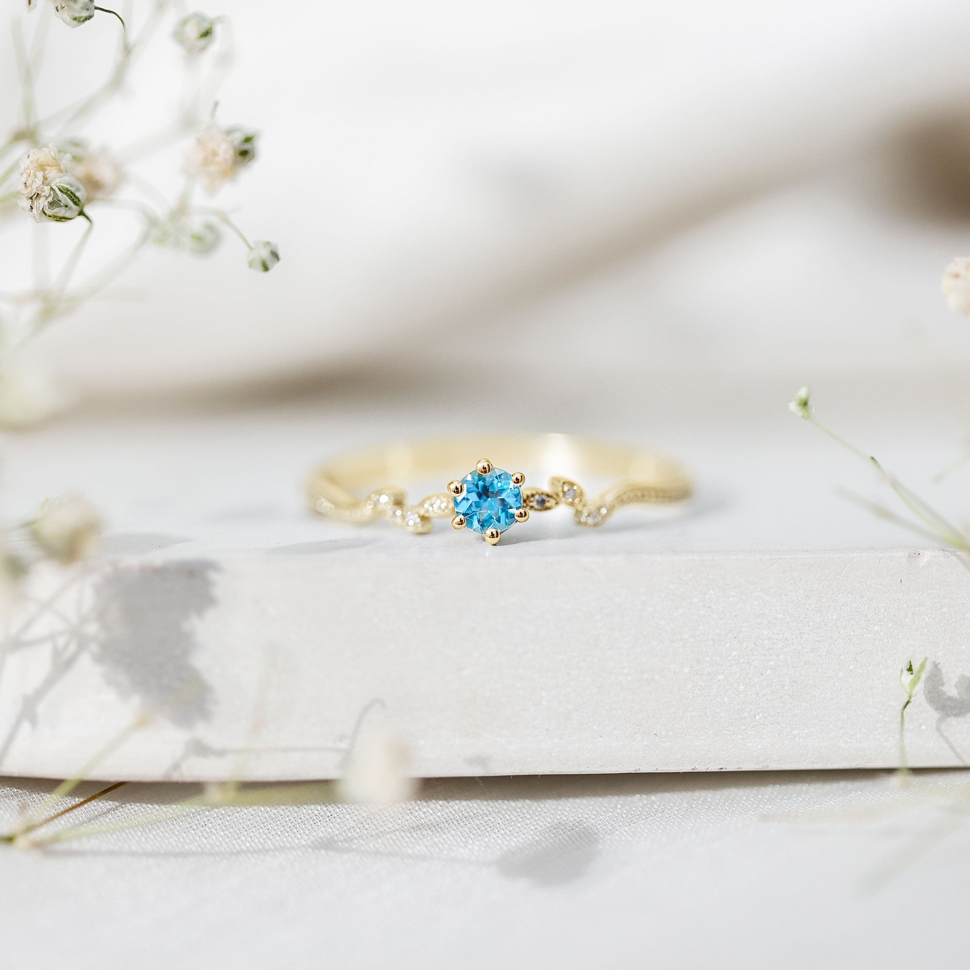 Round Aquamarine Diamond Nature Inspired Promise Ring AAA - Rosec Jewels