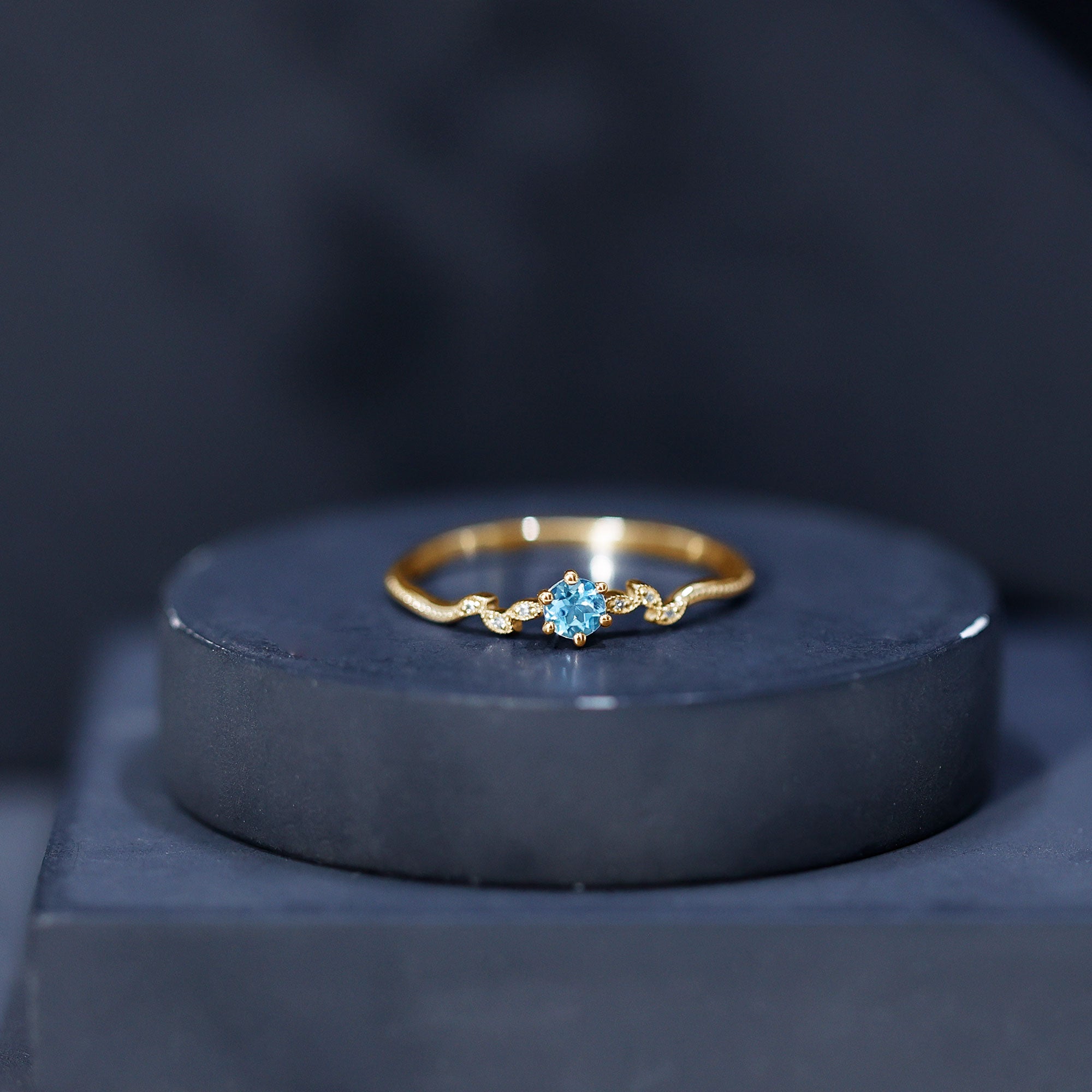 Round Aquamarine Diamond Nature Inspired Promise Ring AAA - Rosec Jewels