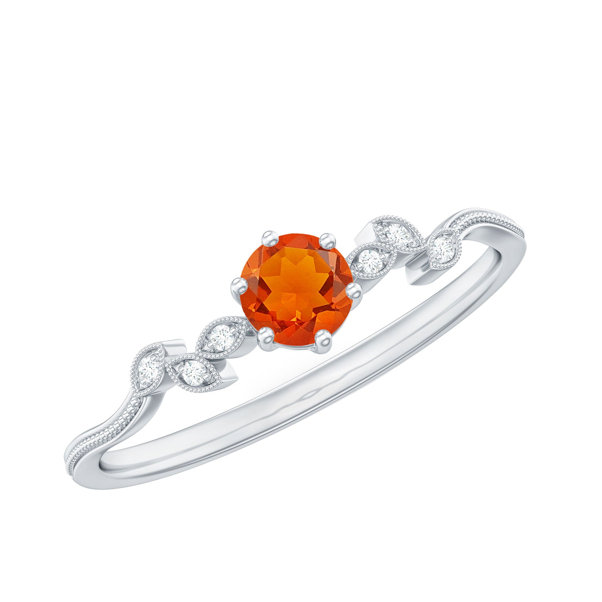 Rosec Jewels-Round Fire Opal Leaf Promise Ring with Diamond