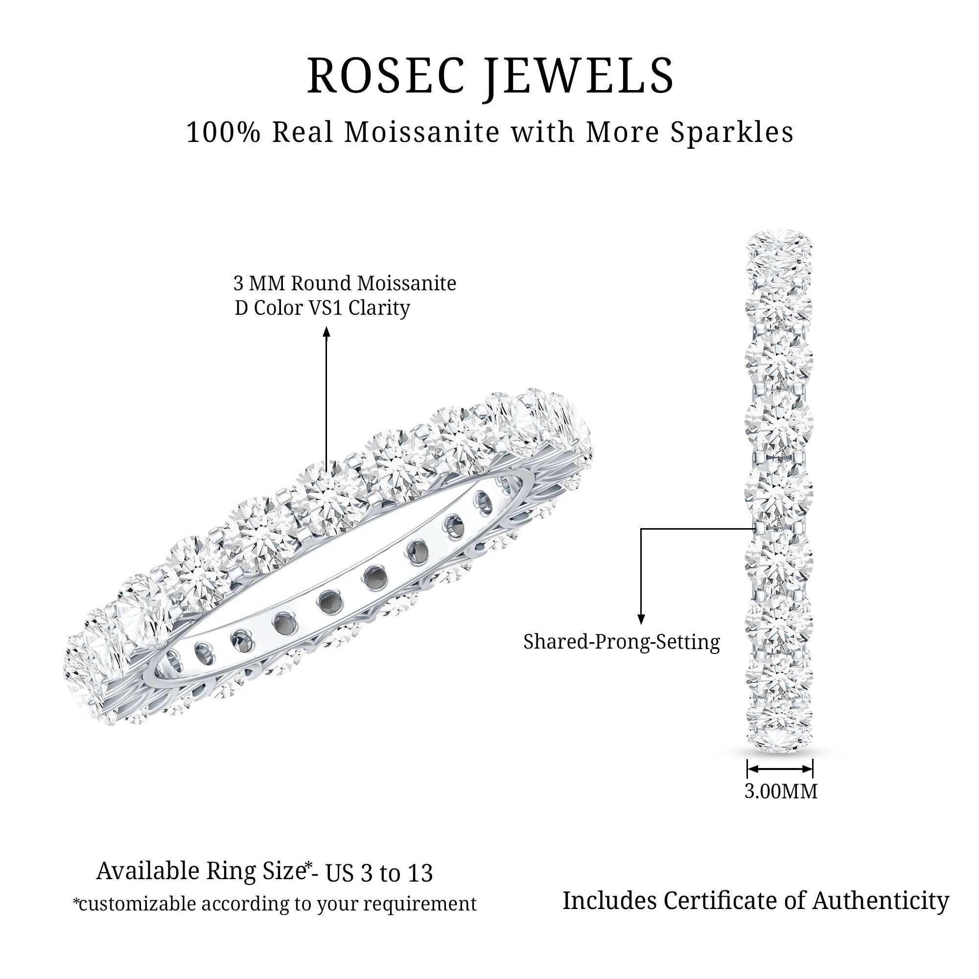 Certified Moissanite Stackable Eternity Band Ring D-VS1 - Rosec Jewels
