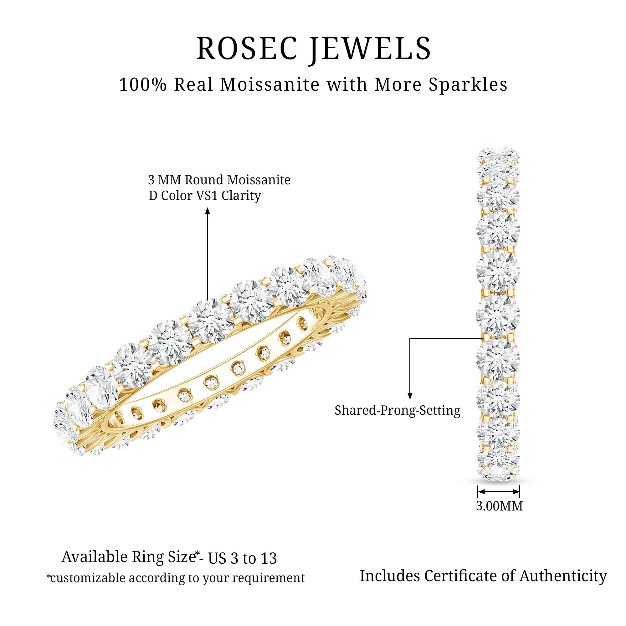 Certified Moissanite Stackable Eternity Band Ring D-VS1 - Rosec Jewels