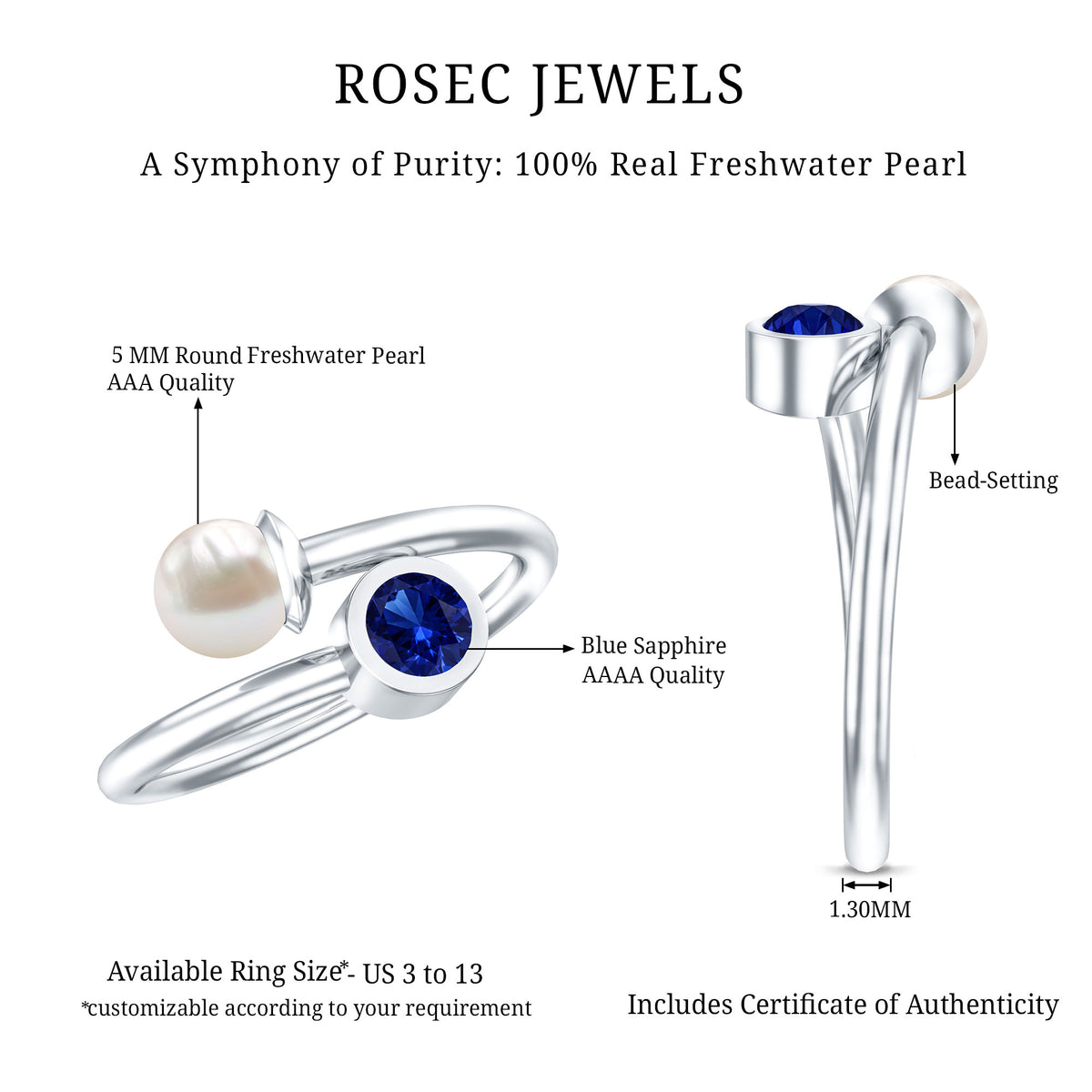 Lab Created Blue Sapphire and Pearl Toi Et Moi Ring AAA - Rosec Jewels