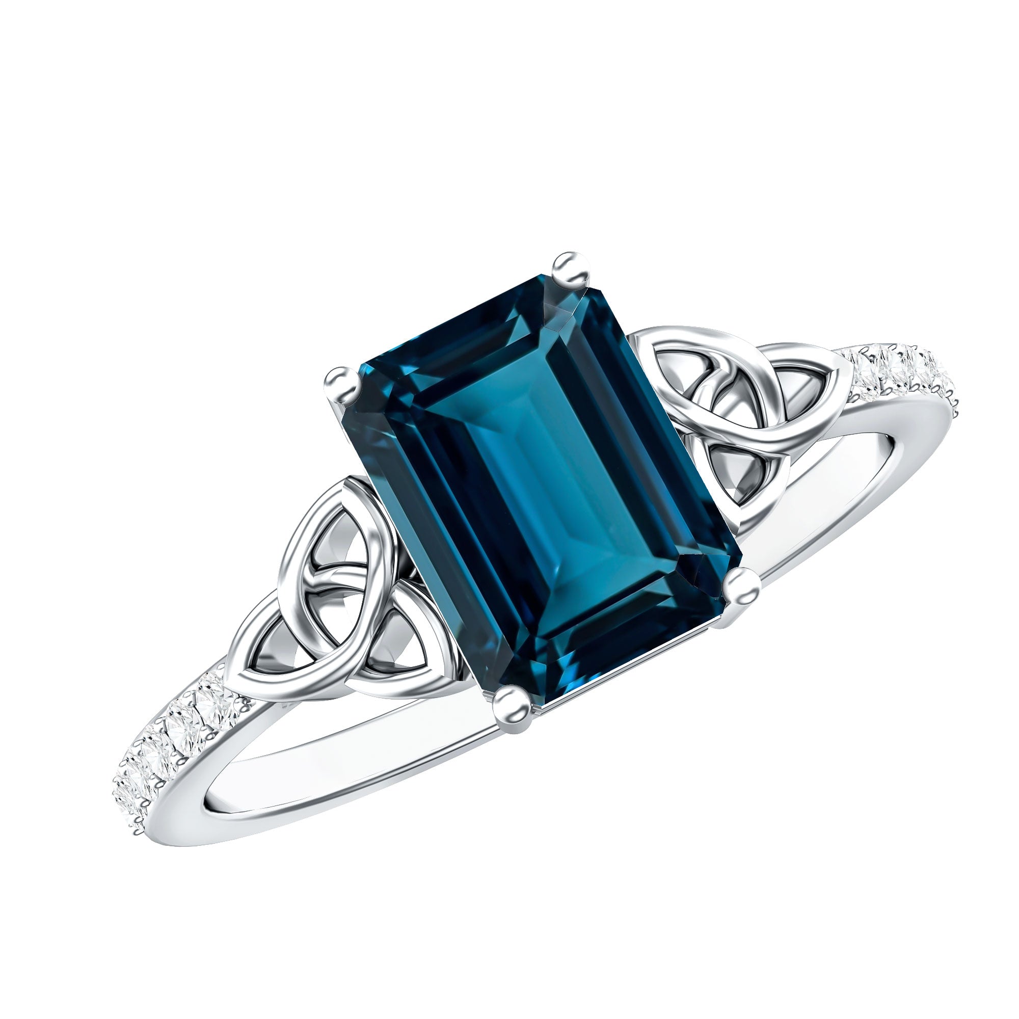 Emerald Cut London Blue Topaz Celtic Engagement Ring with Diamond AAA - Rosec Jewels