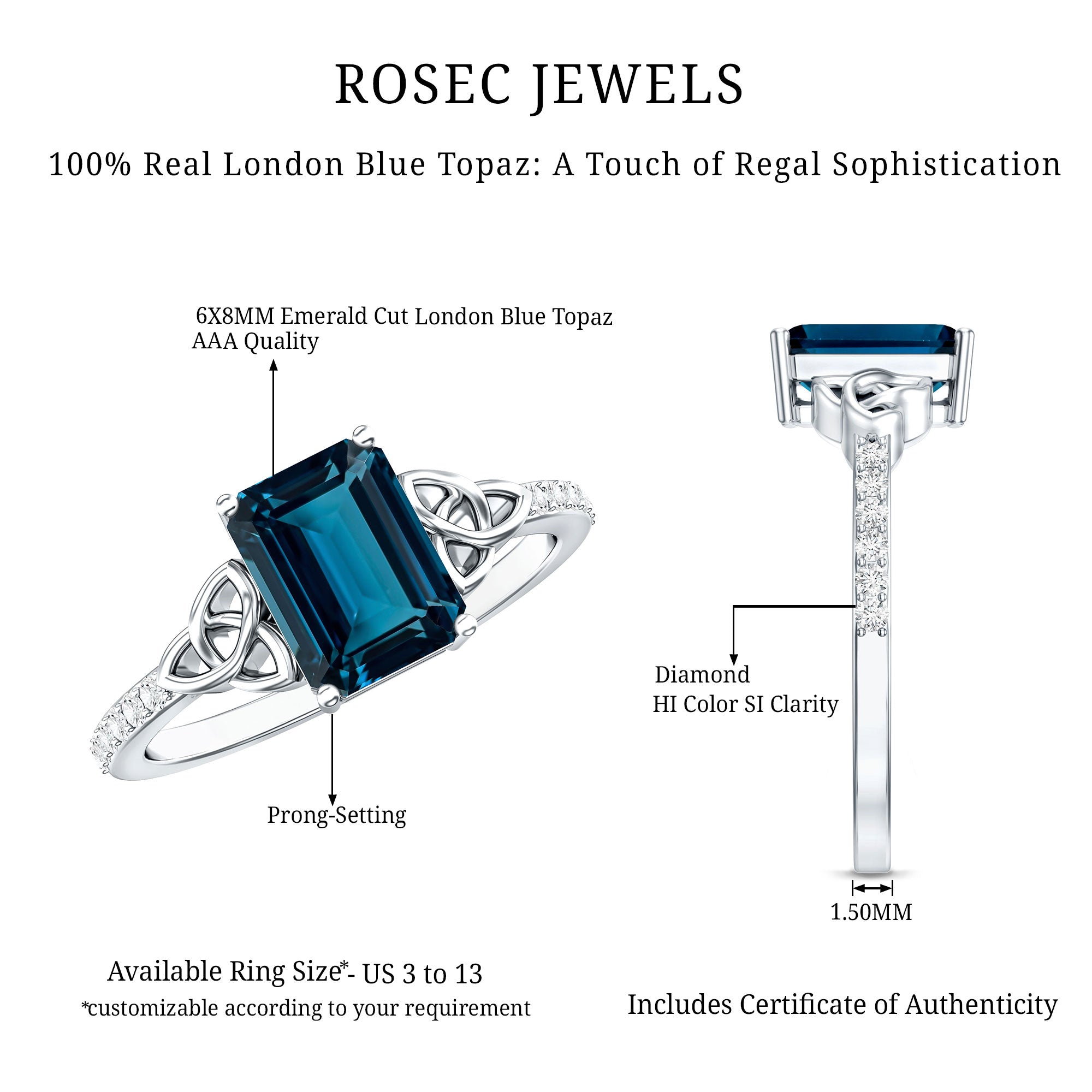 Emerald Cut London Blue Topaz Celtic Engagement Ring with Diamond AAA - Rosec Jewels