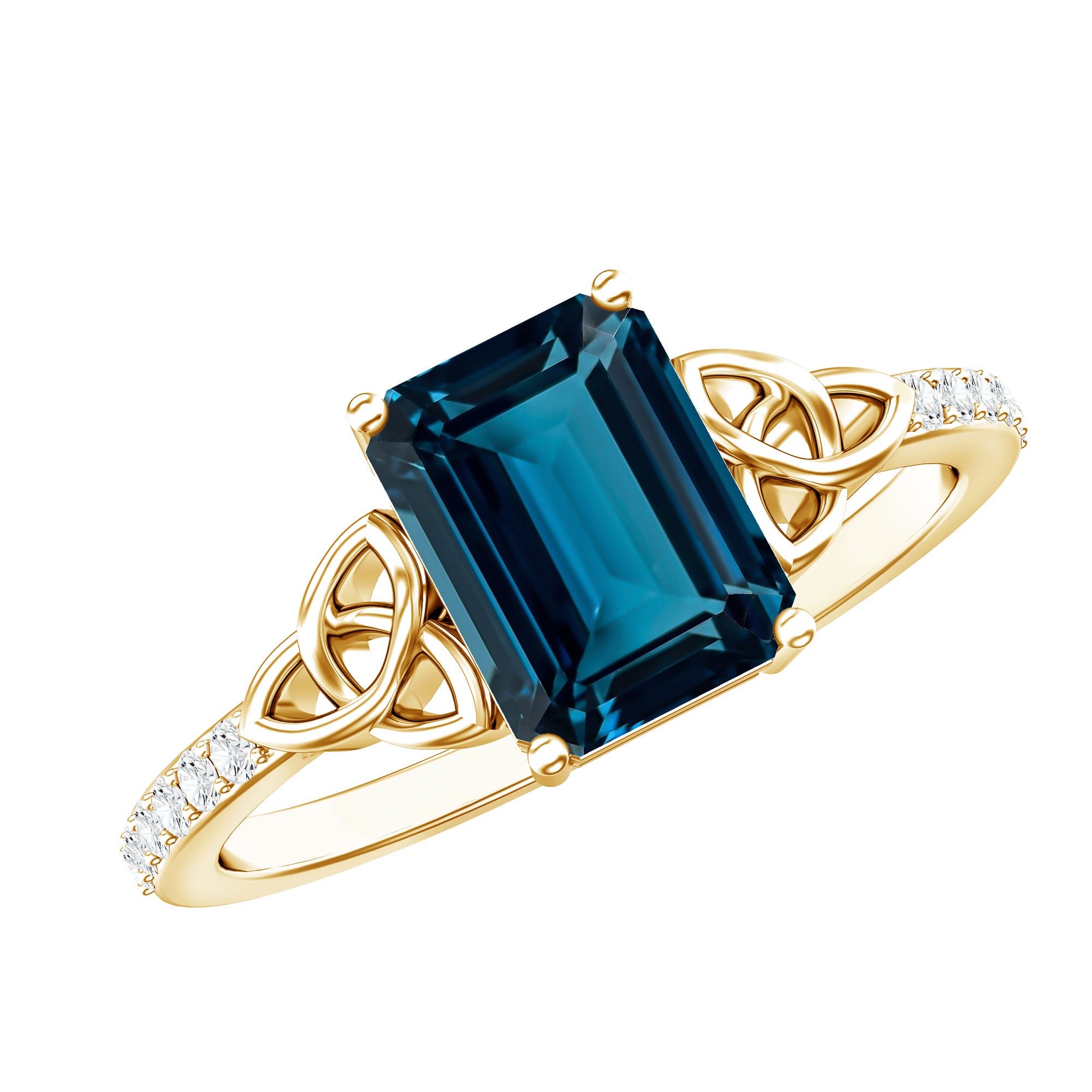 Emerald Cut London Blue Topaz Celtic Engagement Ring with Diamond AAA - Rosec Jewels
