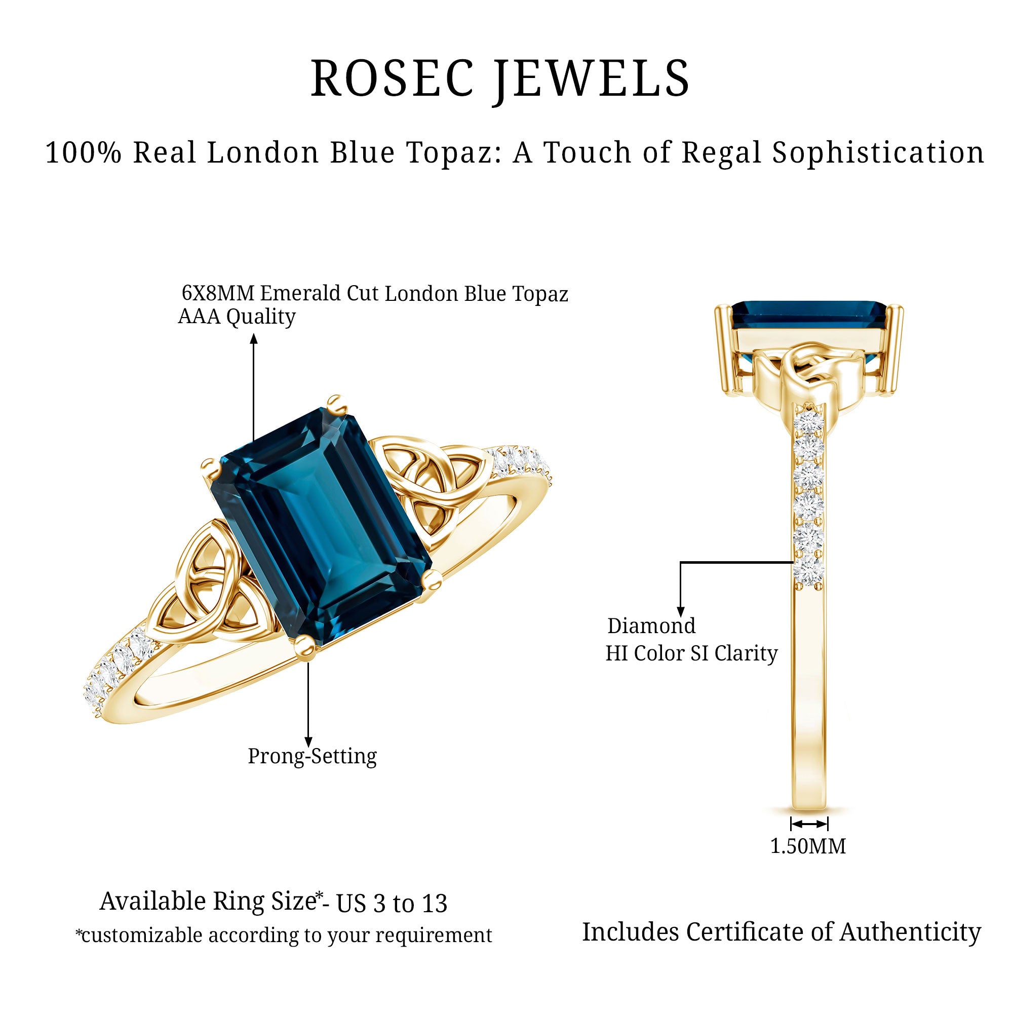 Emerald Cut London Blue Topaz Celtic Engagement Ring with Diamond AAA - Rosec Jewels