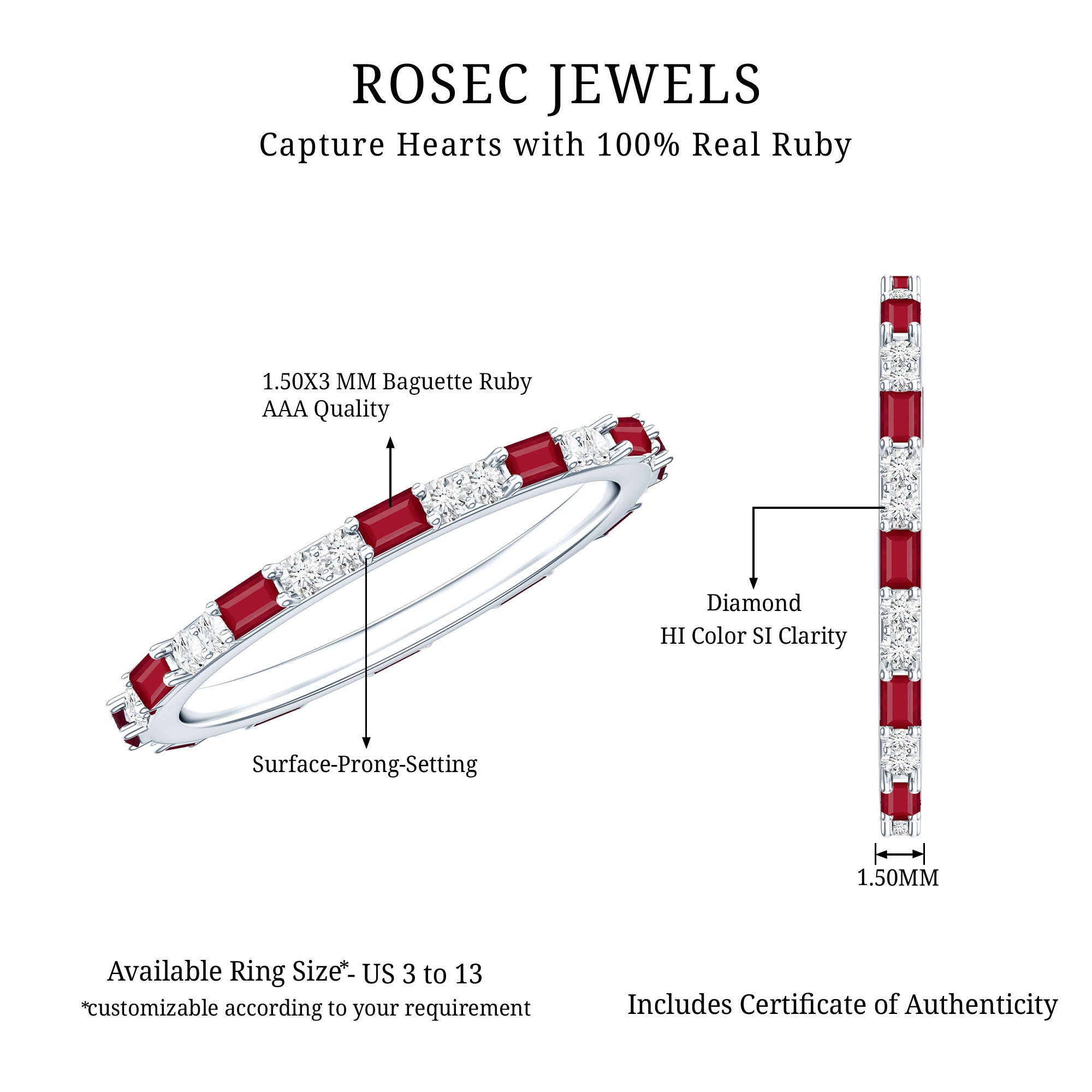 Genuine Baguette Ruby Diamond Eternity Ring for Women AAA - Rosec Jewels