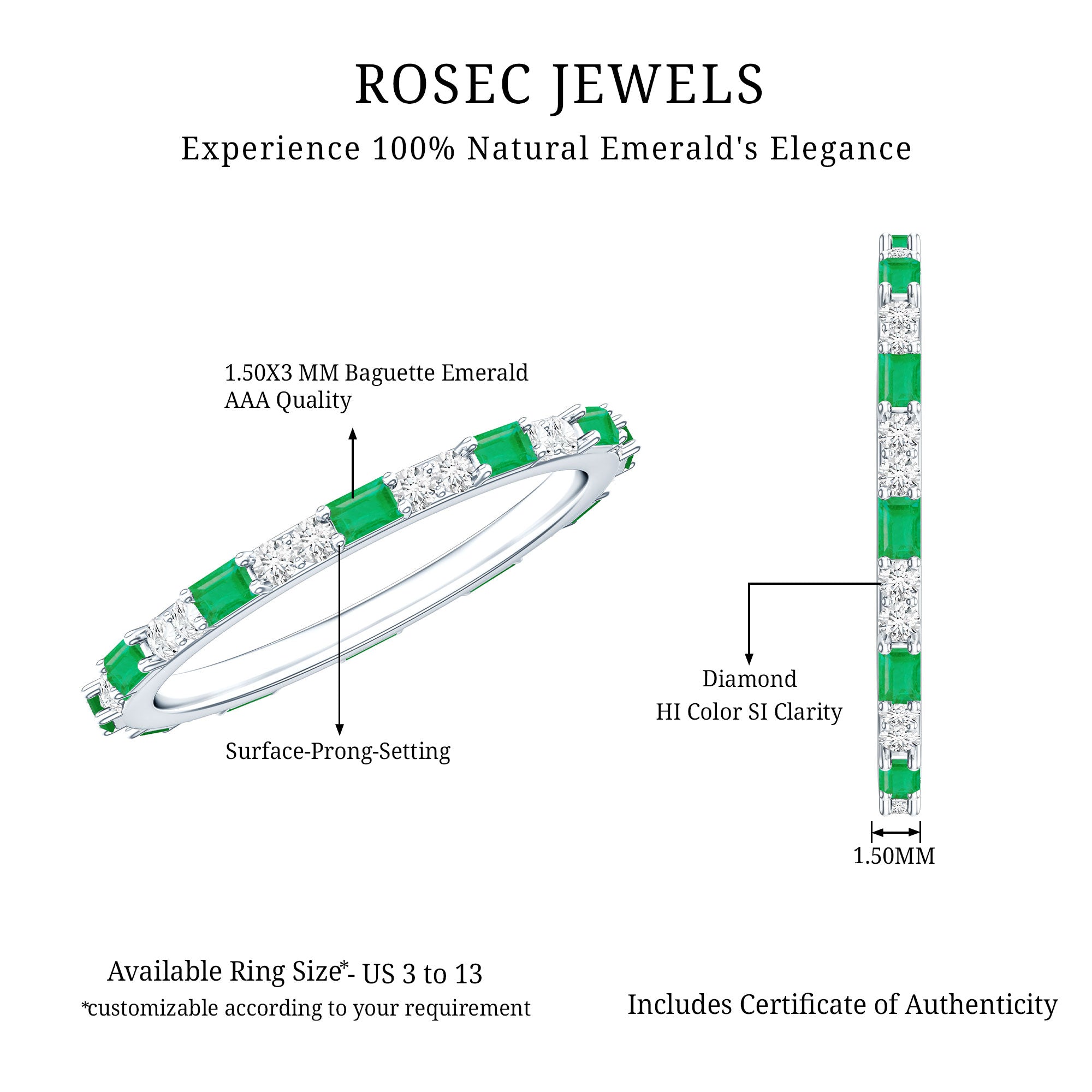 Natural Baguette Emerald Diamond Eternity Ring in East West Style AAA - Rosec Jewels