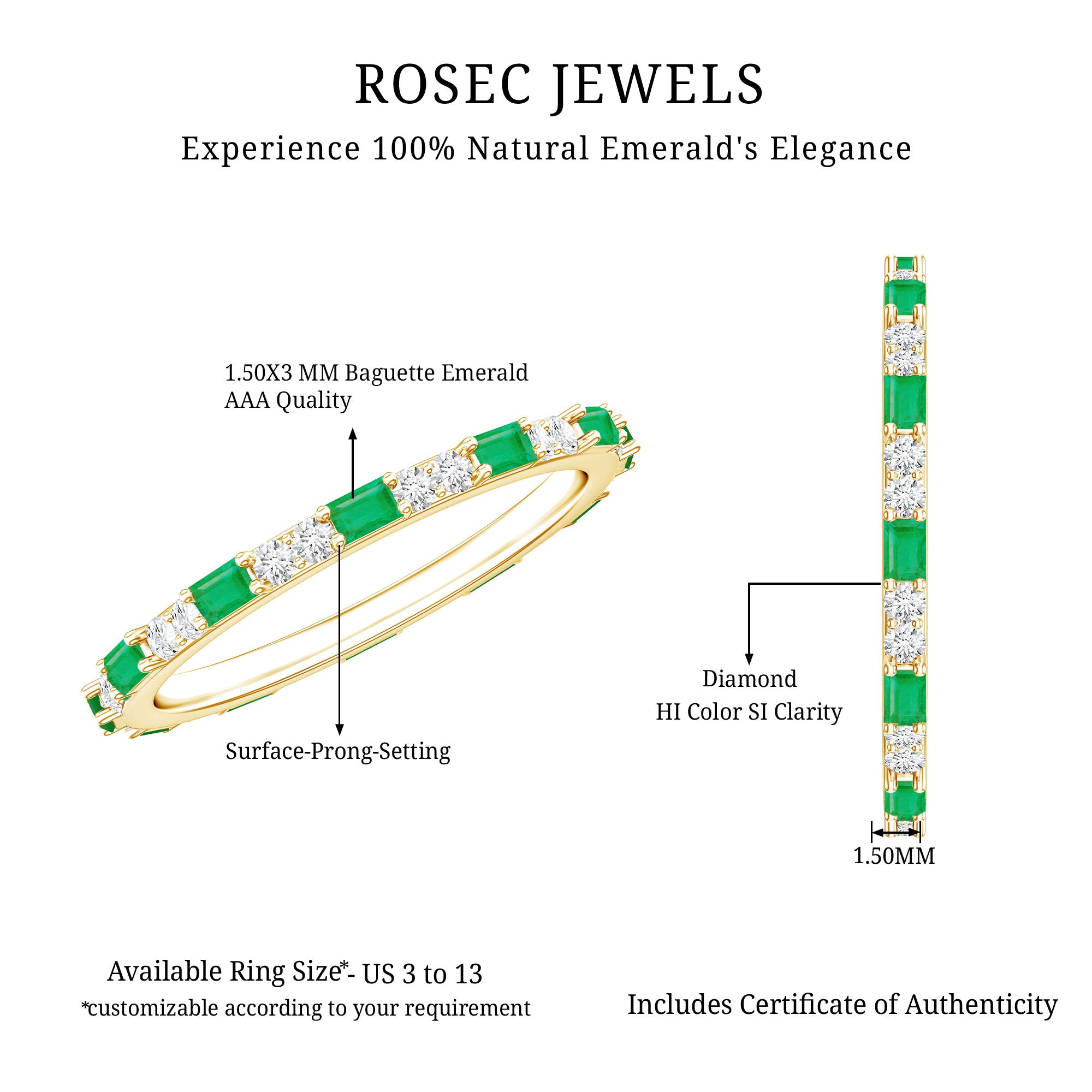 Natural Baguette Emerald Diamond Eternity Ring in East West Style AAA - Rosec Jewels