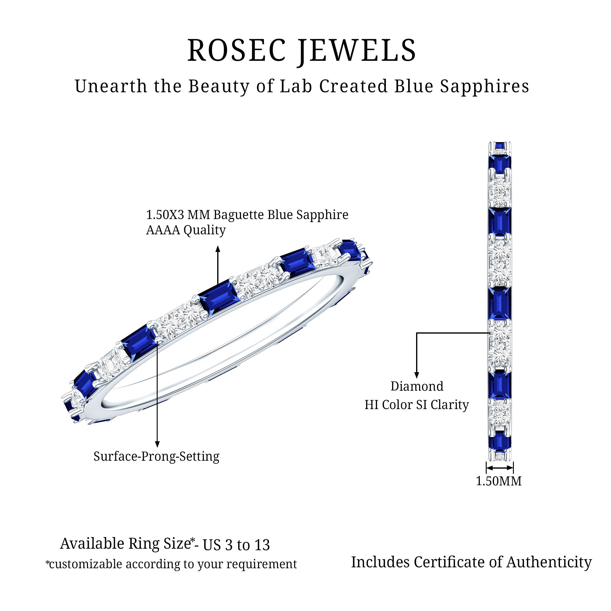 Certified Baguette Lab Blue Sapphire Eternity Ring with Diamond AAAA - Rosec Jewels