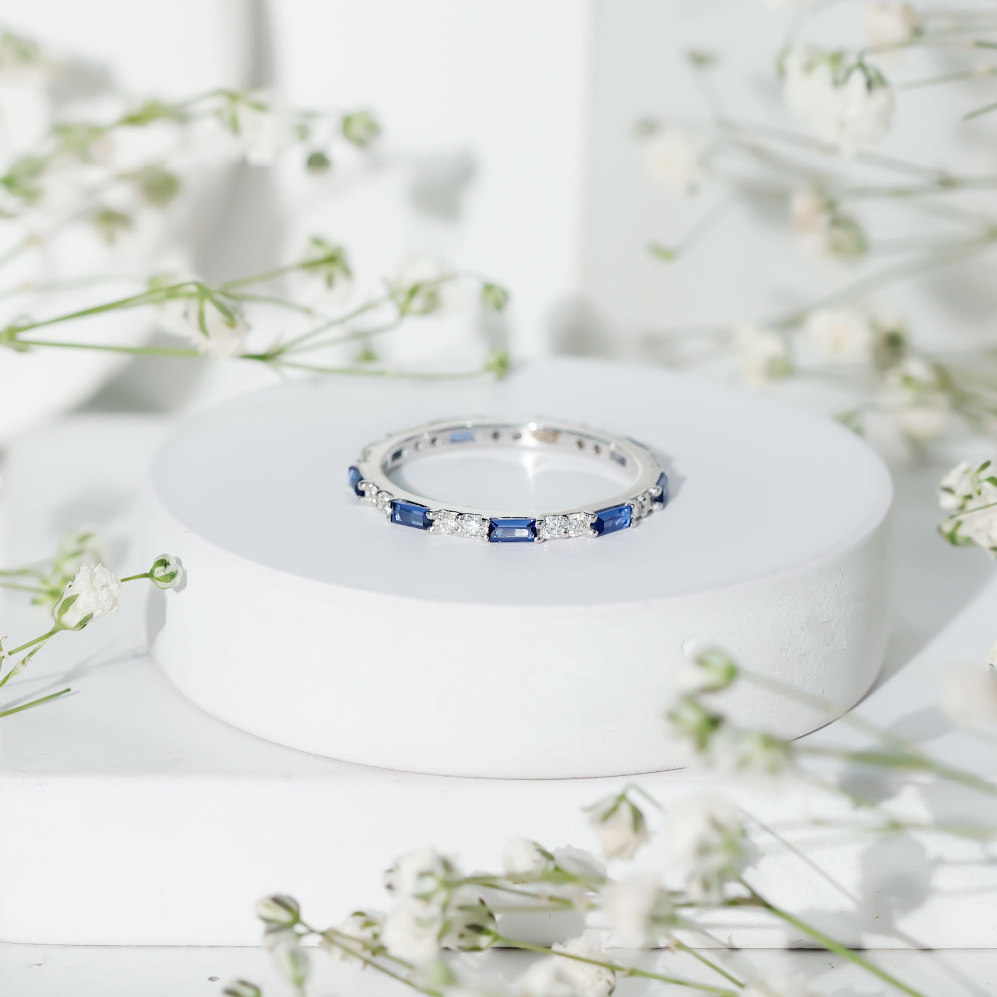 Certified Baguette Lab Blue Sapphire Eternity Ring with Diamond AAAA - Rosec Jewels